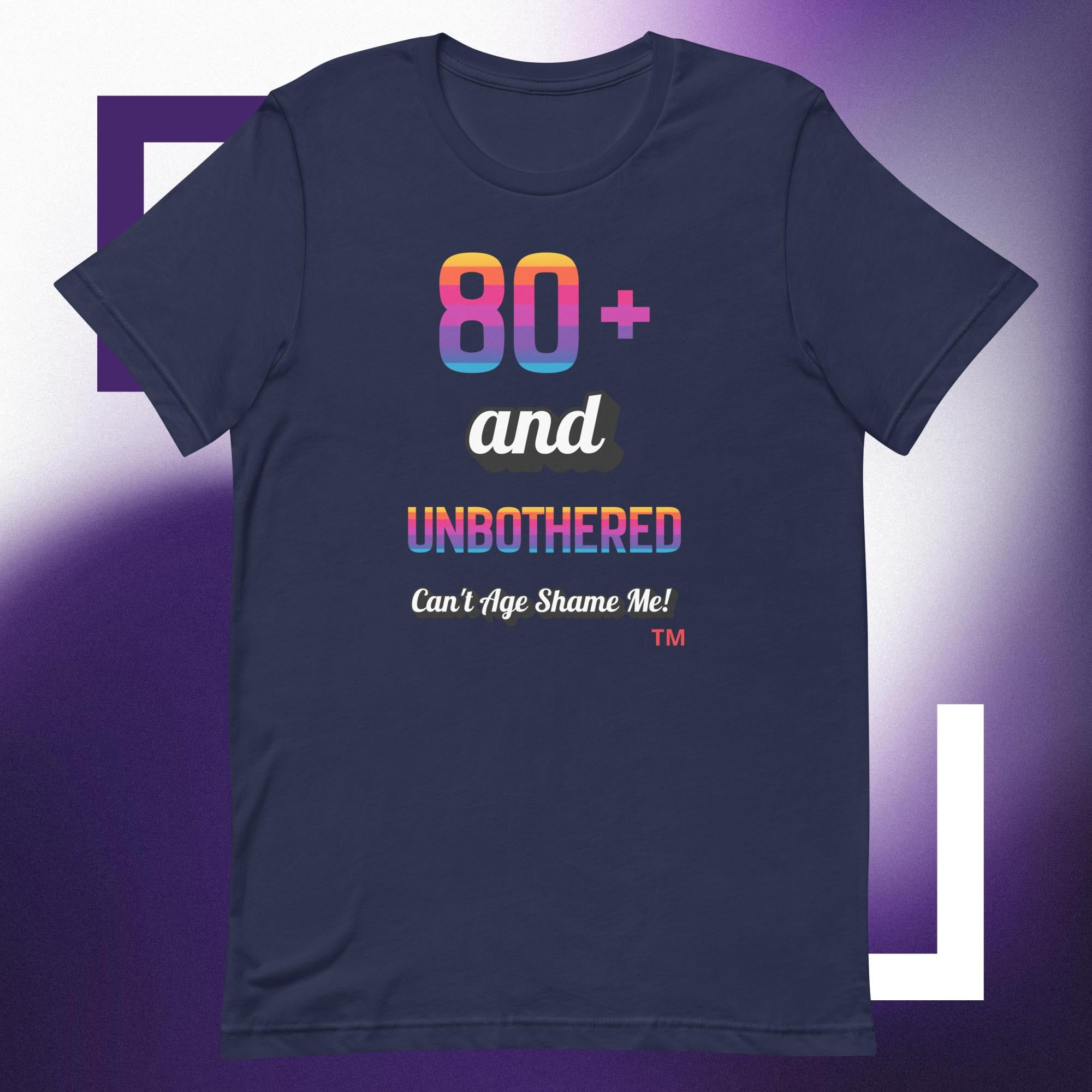 Navy blue t-shirt with colorful text design on a purple background