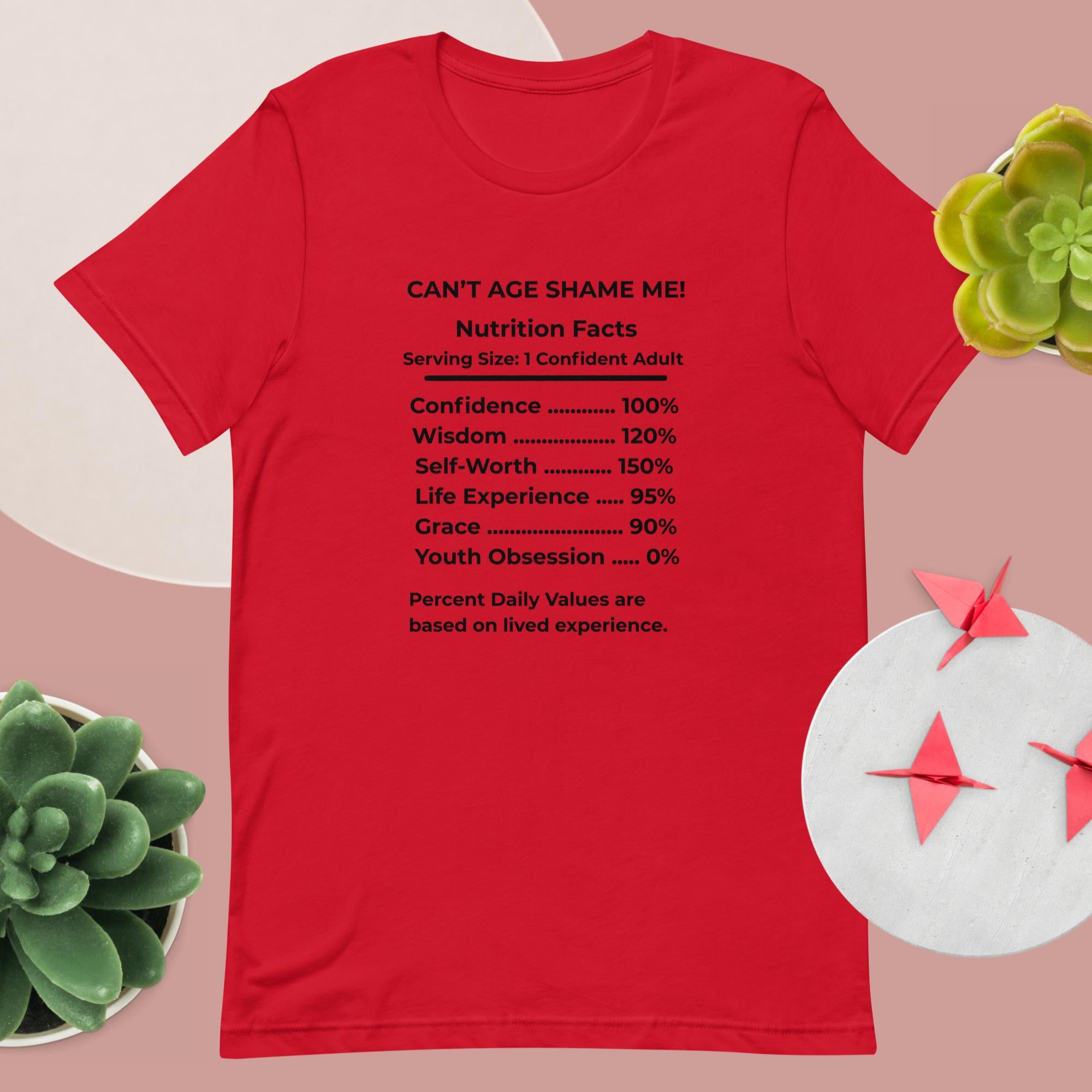 Red Nutrition Facts Unisex T-Shirt: Youth Not Required (Black Text)

