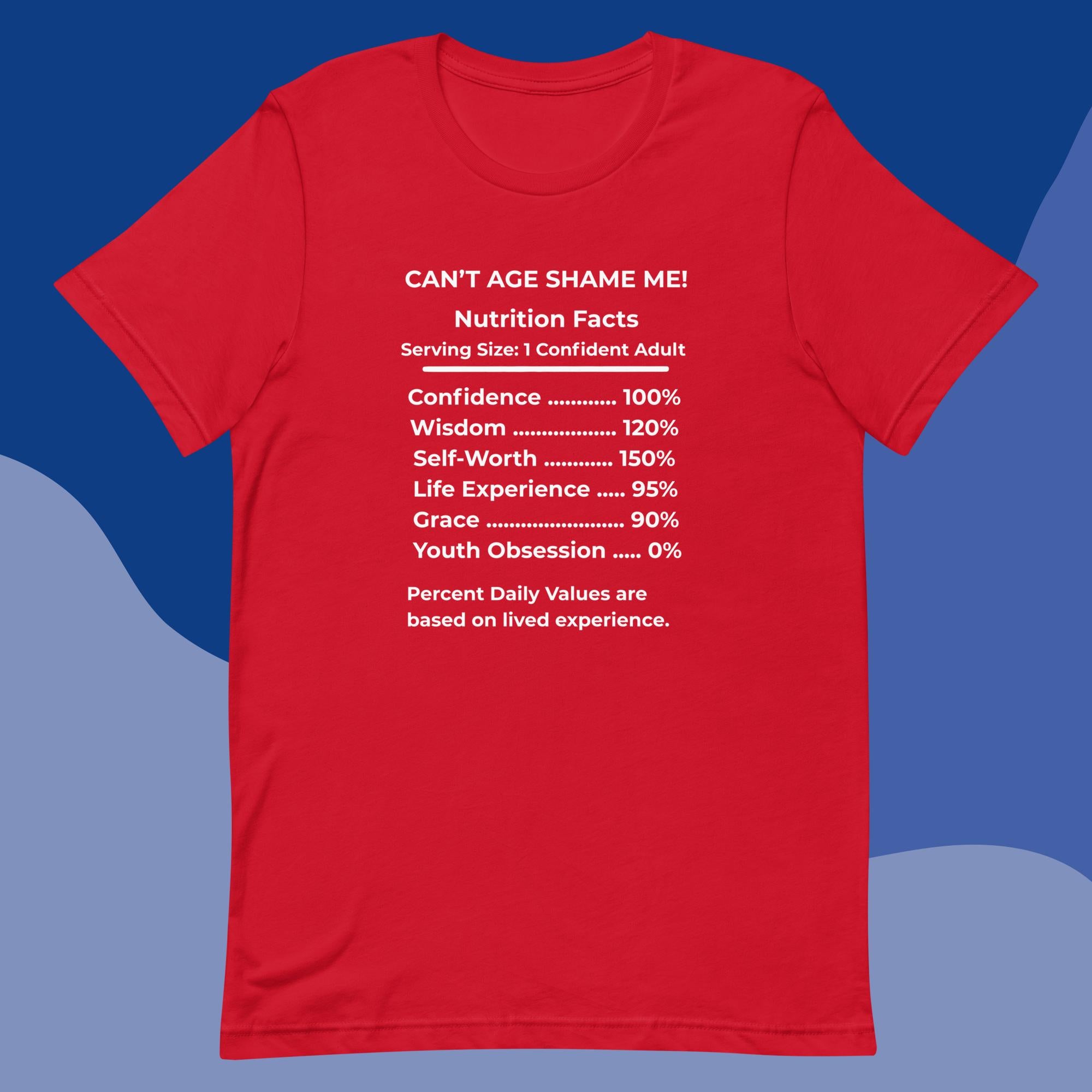 Red Nutrition Facts Unisex T-Shirt: Youth Not Required (White Text)

