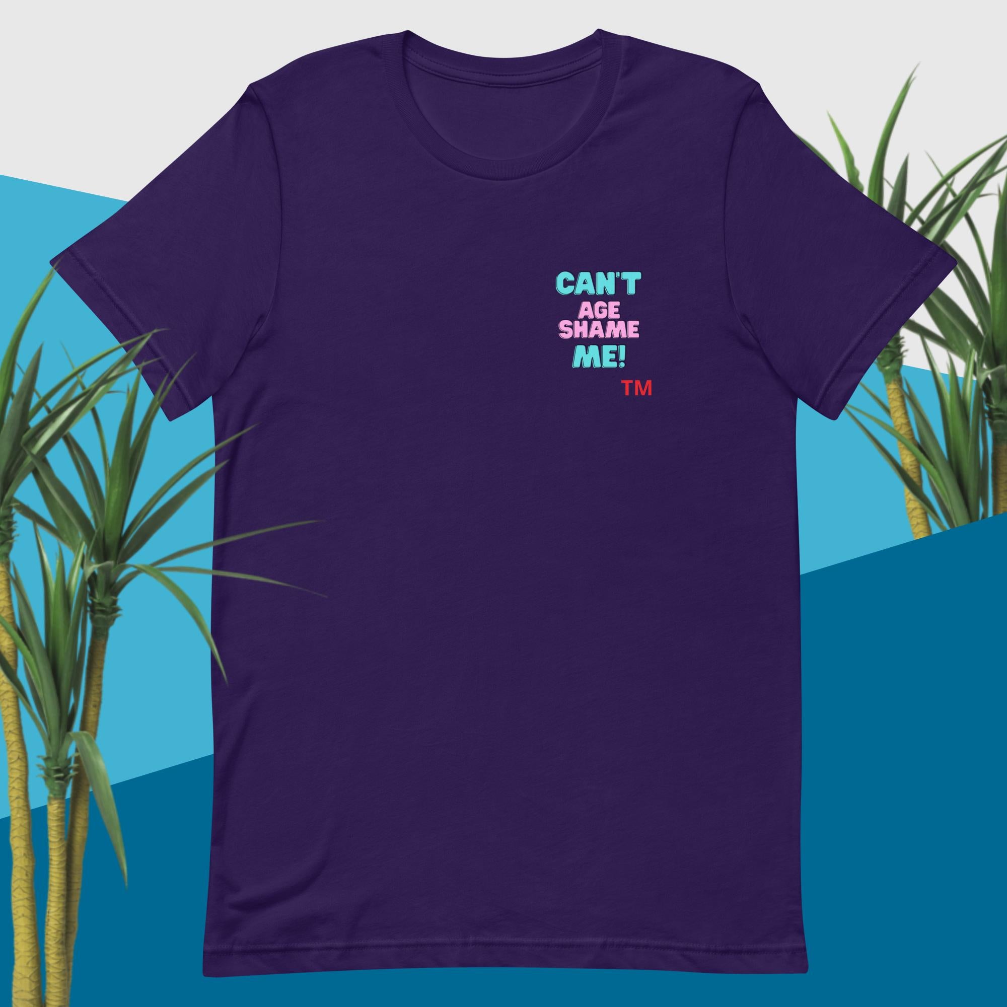 Purple t-shirt with colorful text “'Can't Age Shame Me” on a yellow background design with cactus