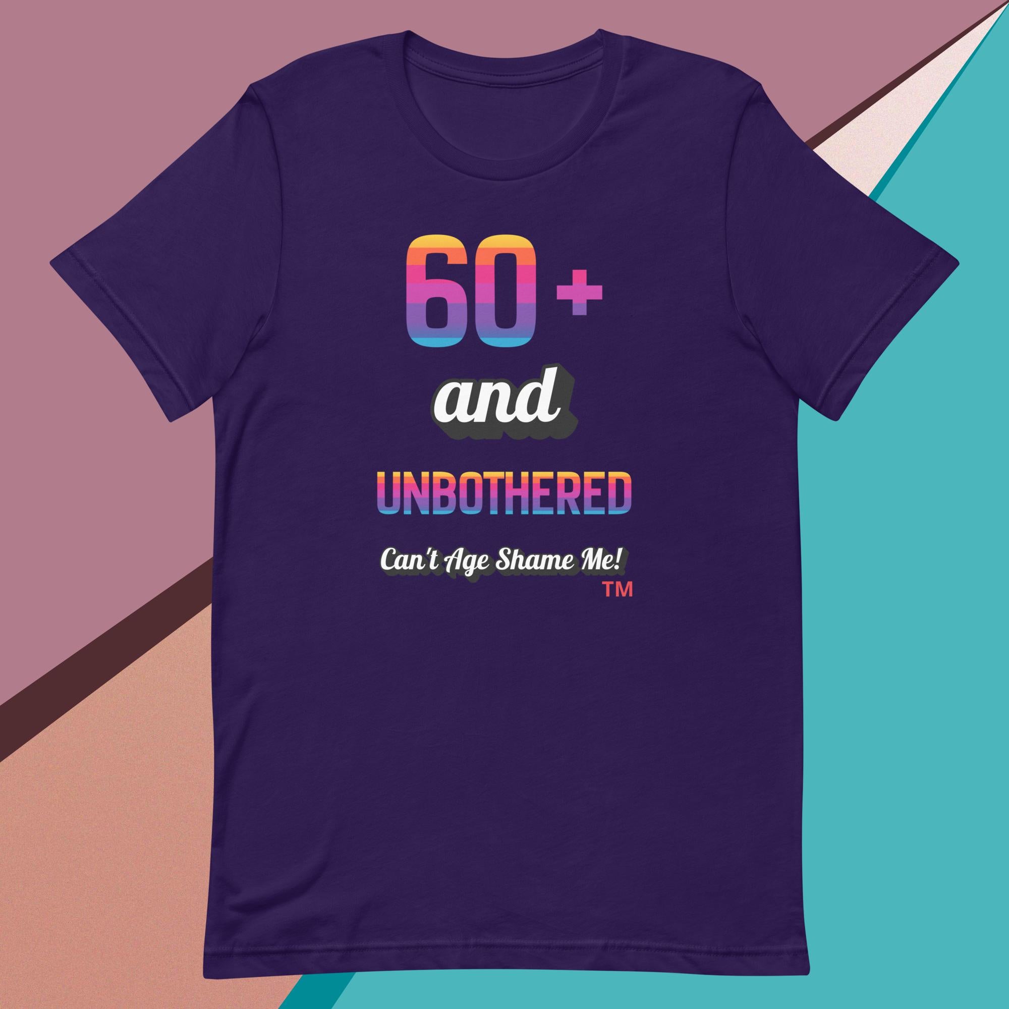Purple  t-shirt with colorful text design on a geometric background