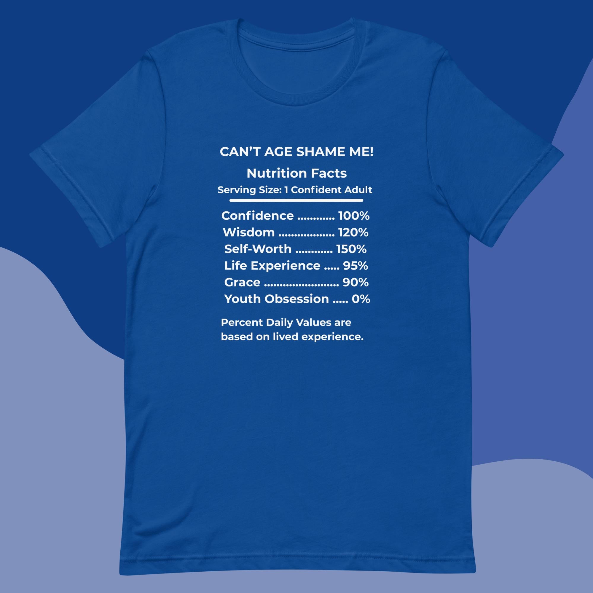 True Royal Blue Nutrition Facts Unisex T-Shirt: Youth Not Required (White Text)

