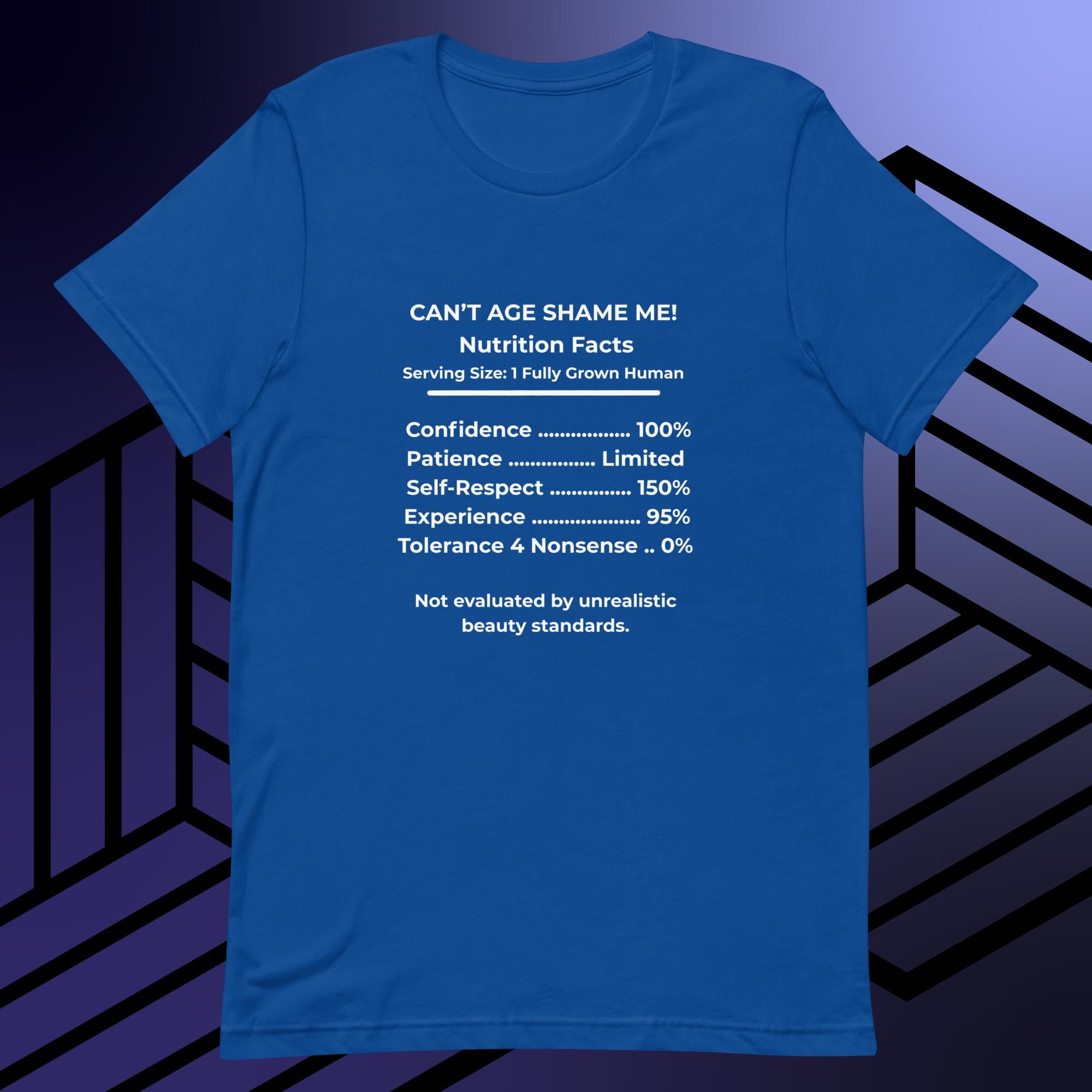 True Royal Blue Nutrition Facts Unisex T- Shirt: Zero Nonsense (White Text)

