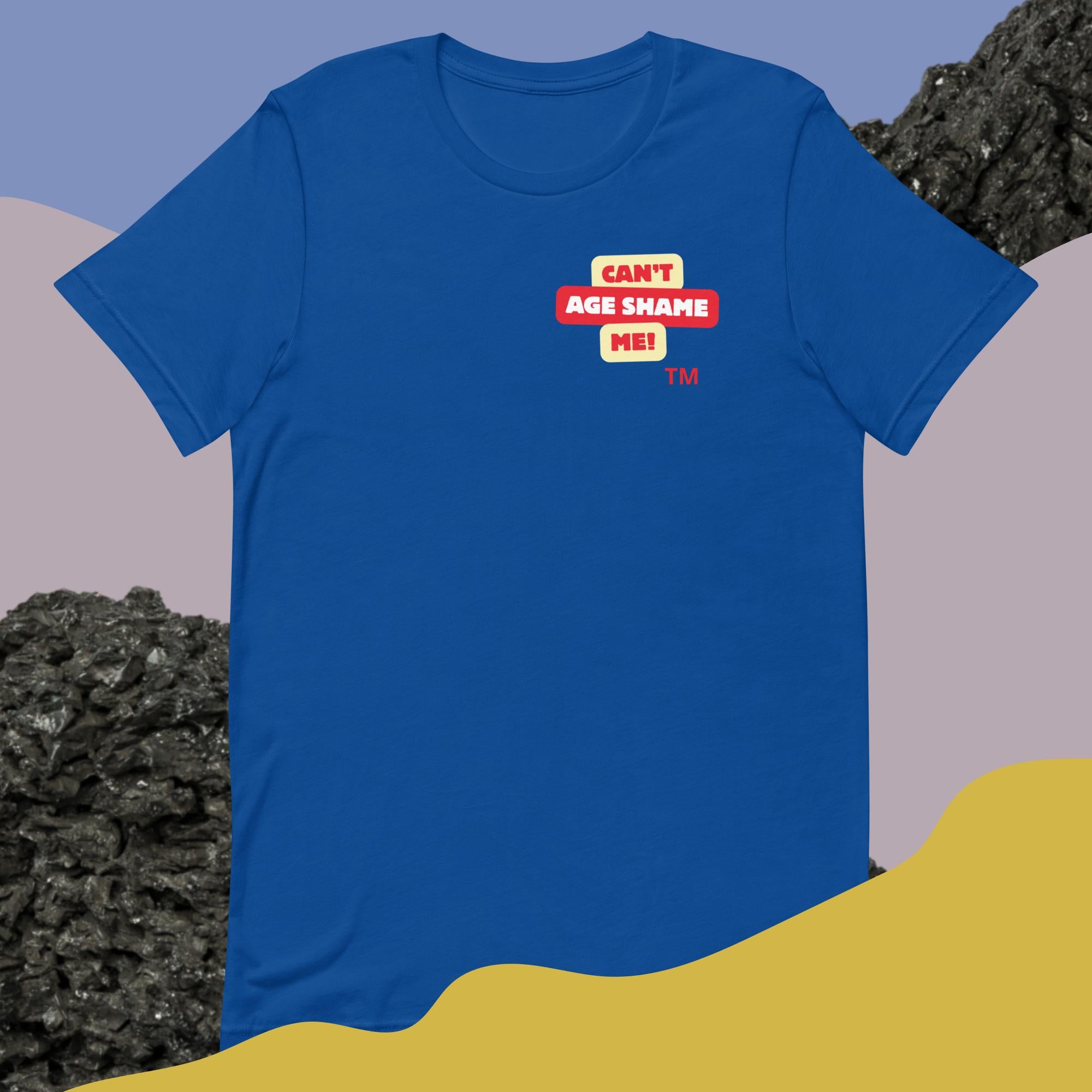 True royal t-shirt with a logo text graphic 'CAN'T AGE SHAME ME! design on a colorful abstract background