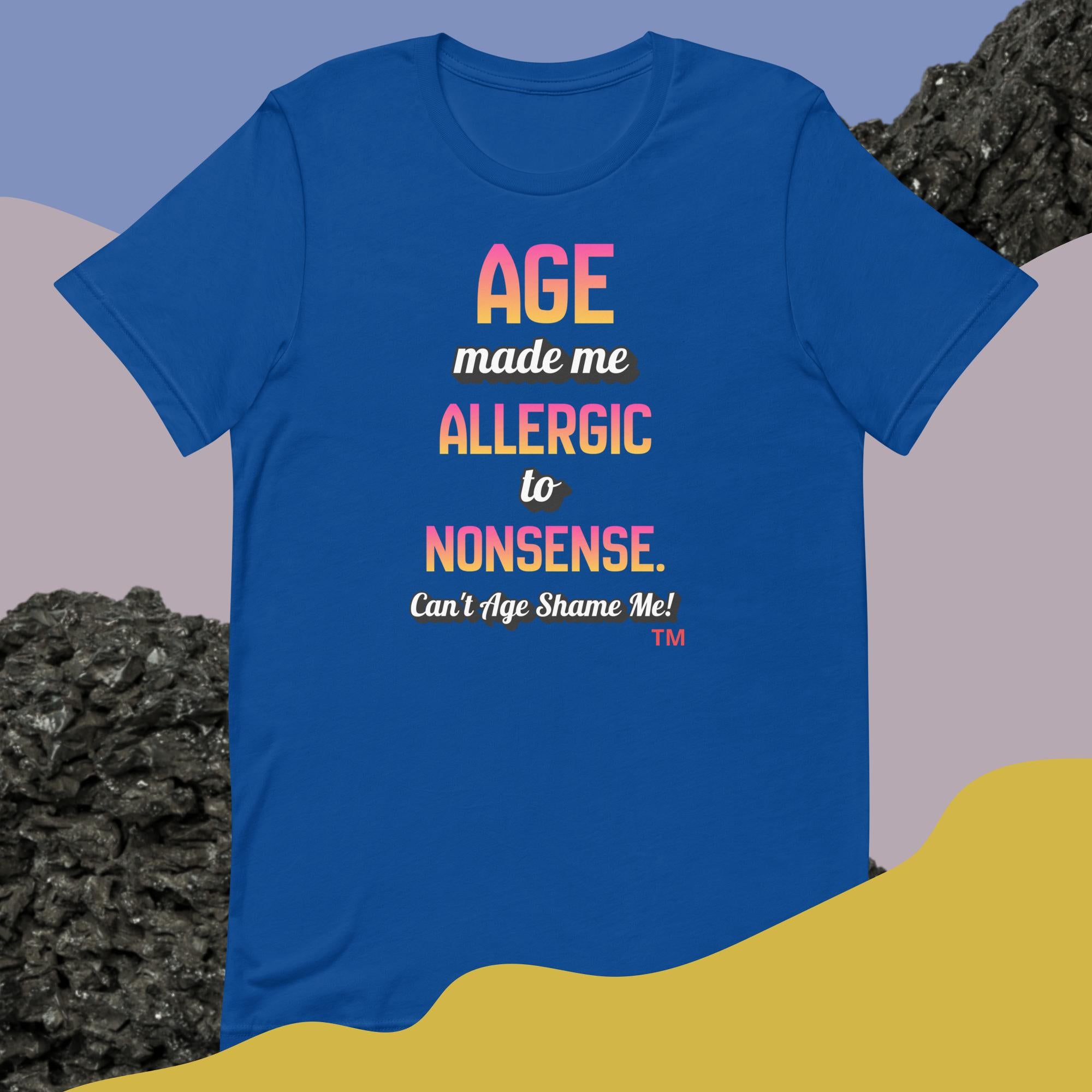True Royal Blue t-shirt with colorful text on a gradient background