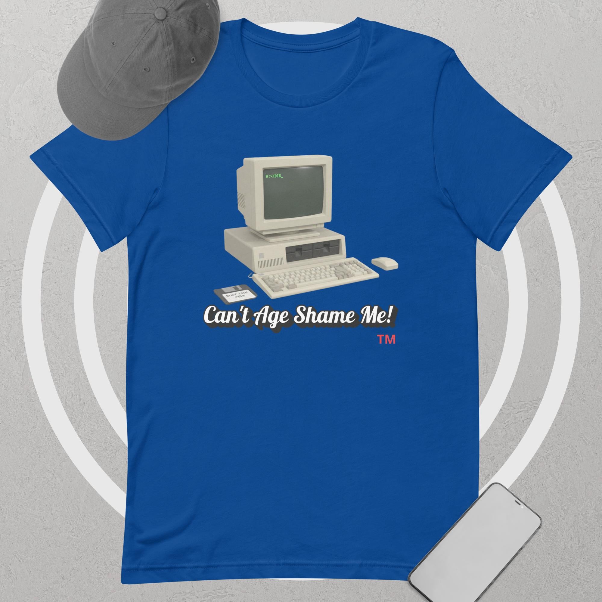 royal Blue t-shirt with vintage computer graphic and text 'Can't Age Shame Me!' on a gray background.