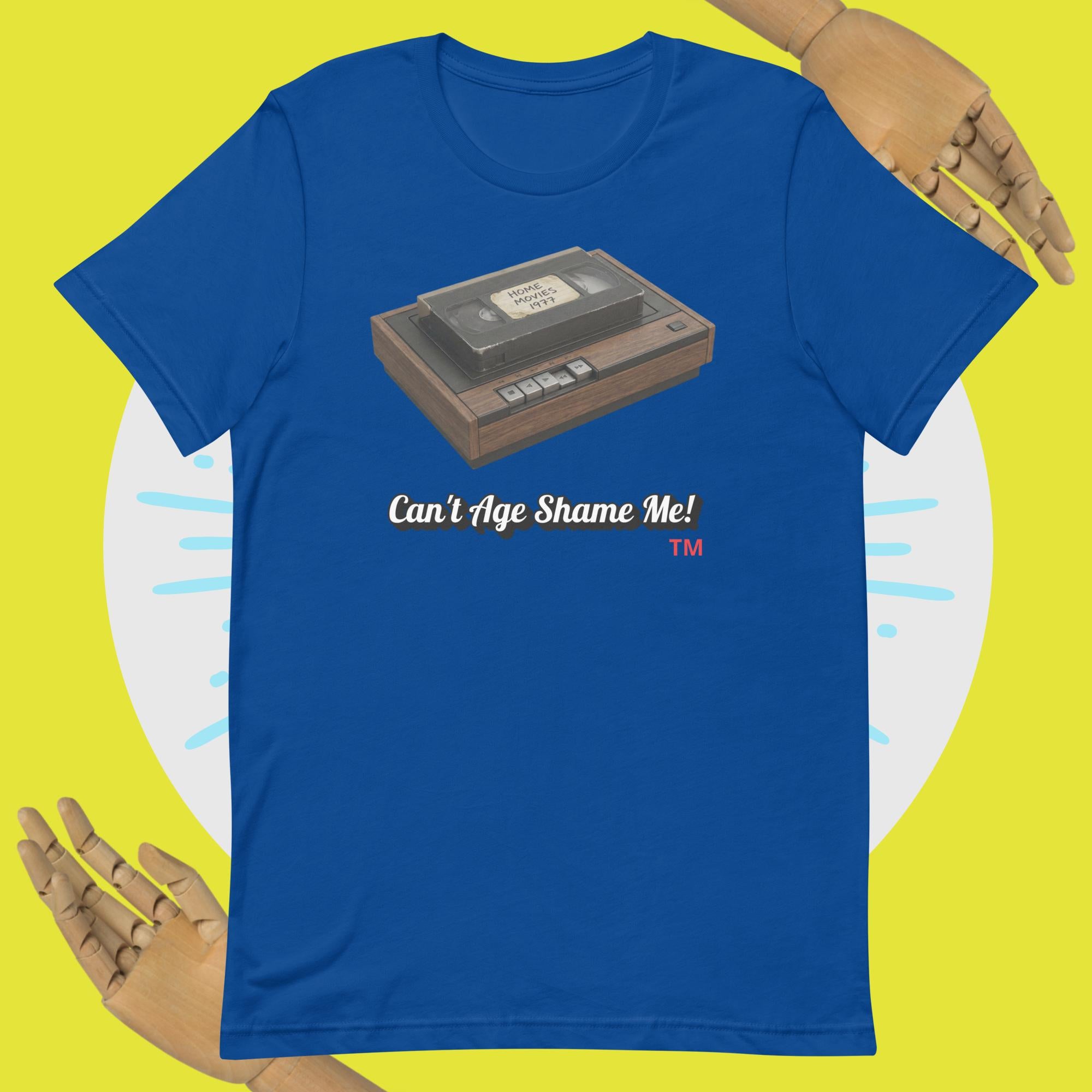 true royal  t-shirt with a cassette tape graphic and 'Can't Age Shame Me!' text on a yellow background.