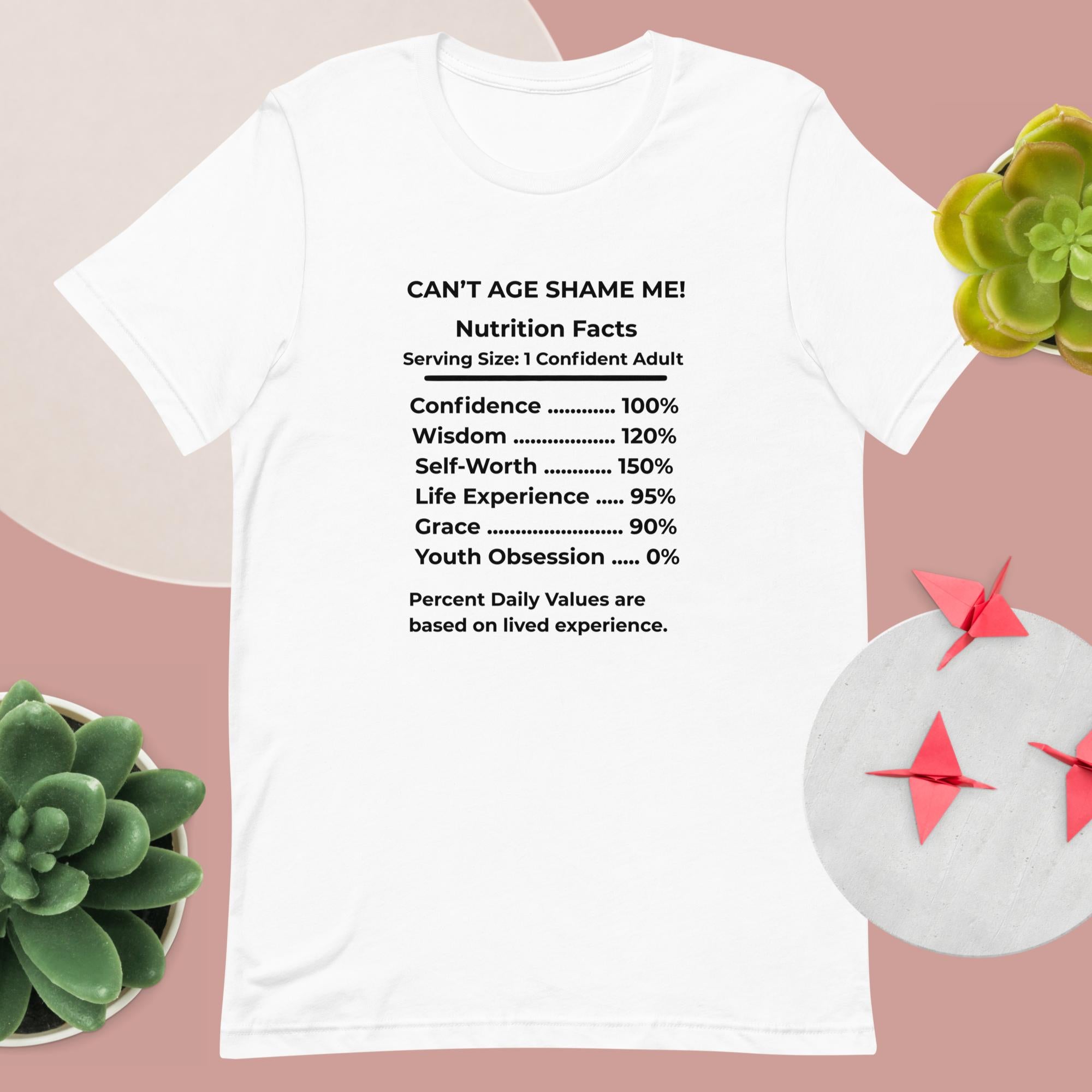 White Nutrition Facts Unisex T-Shirt: Youth Not Required (Black Text)

