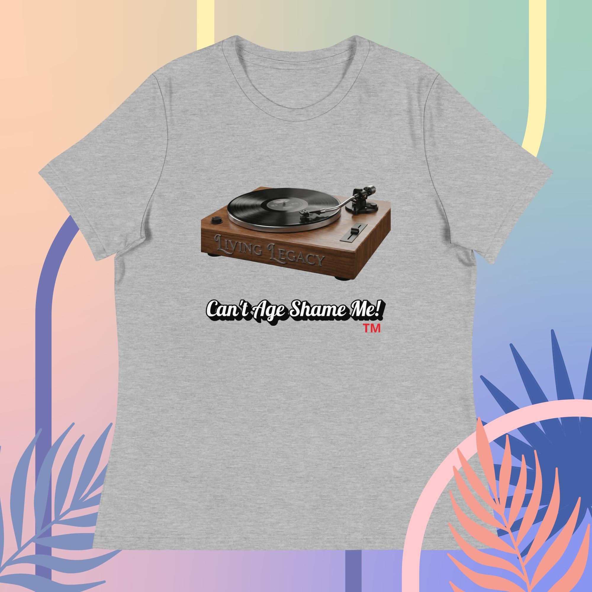 athletic heather  t-shirt with a graphic of a turntable and text 'Can't Age Shame Me!' on a colorful abstract background.
