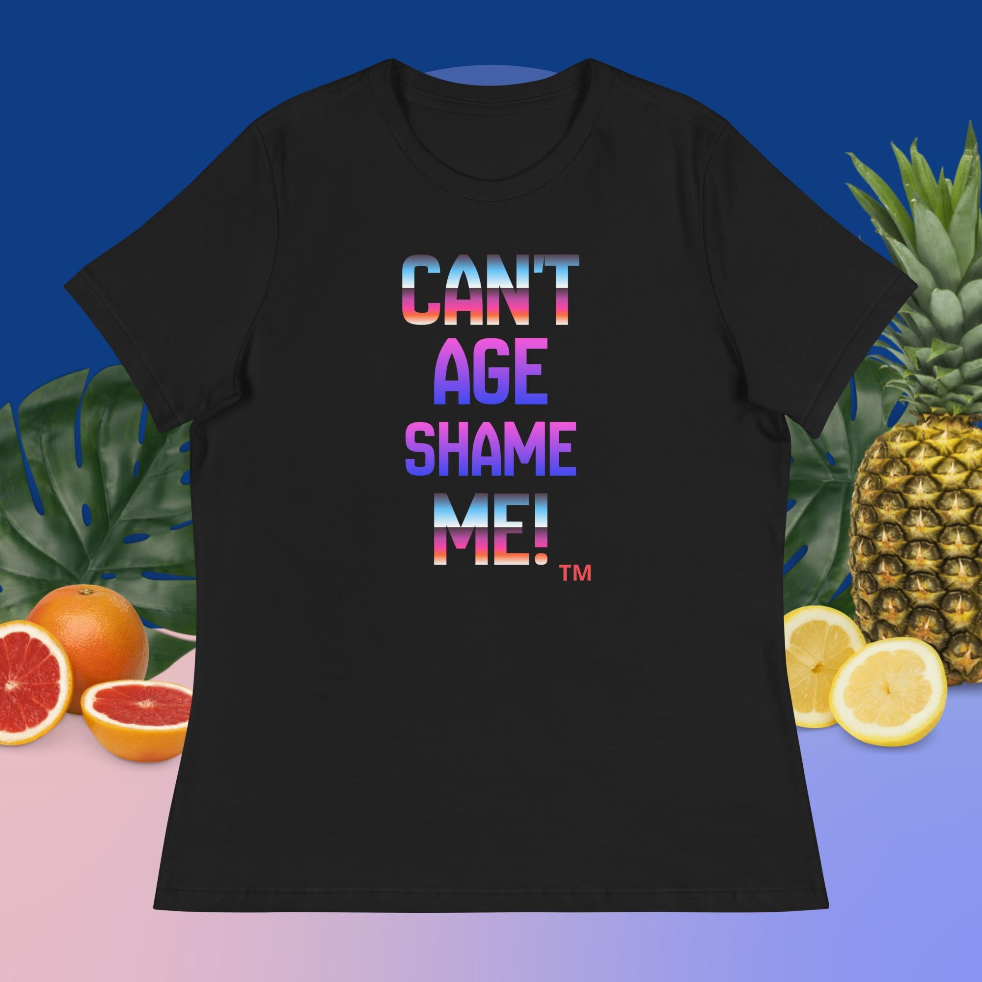 Black t-shirt with colorful text 'CAN'T AGE SHAME ME!' on a blue background with fruits.