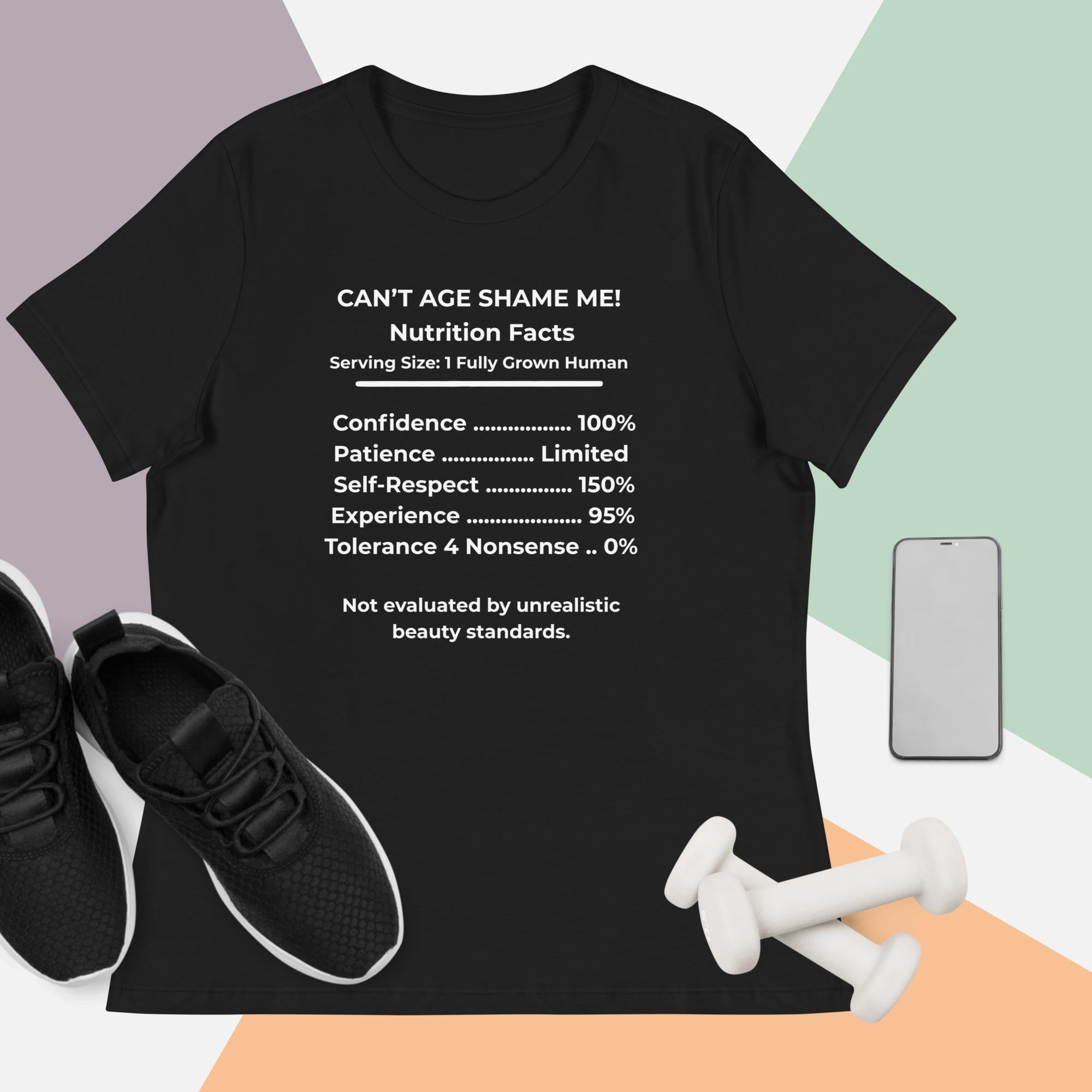 Black Nutrition Facts Women’s Relaxed T-Shirt: Zero Nonsense (White Text)

