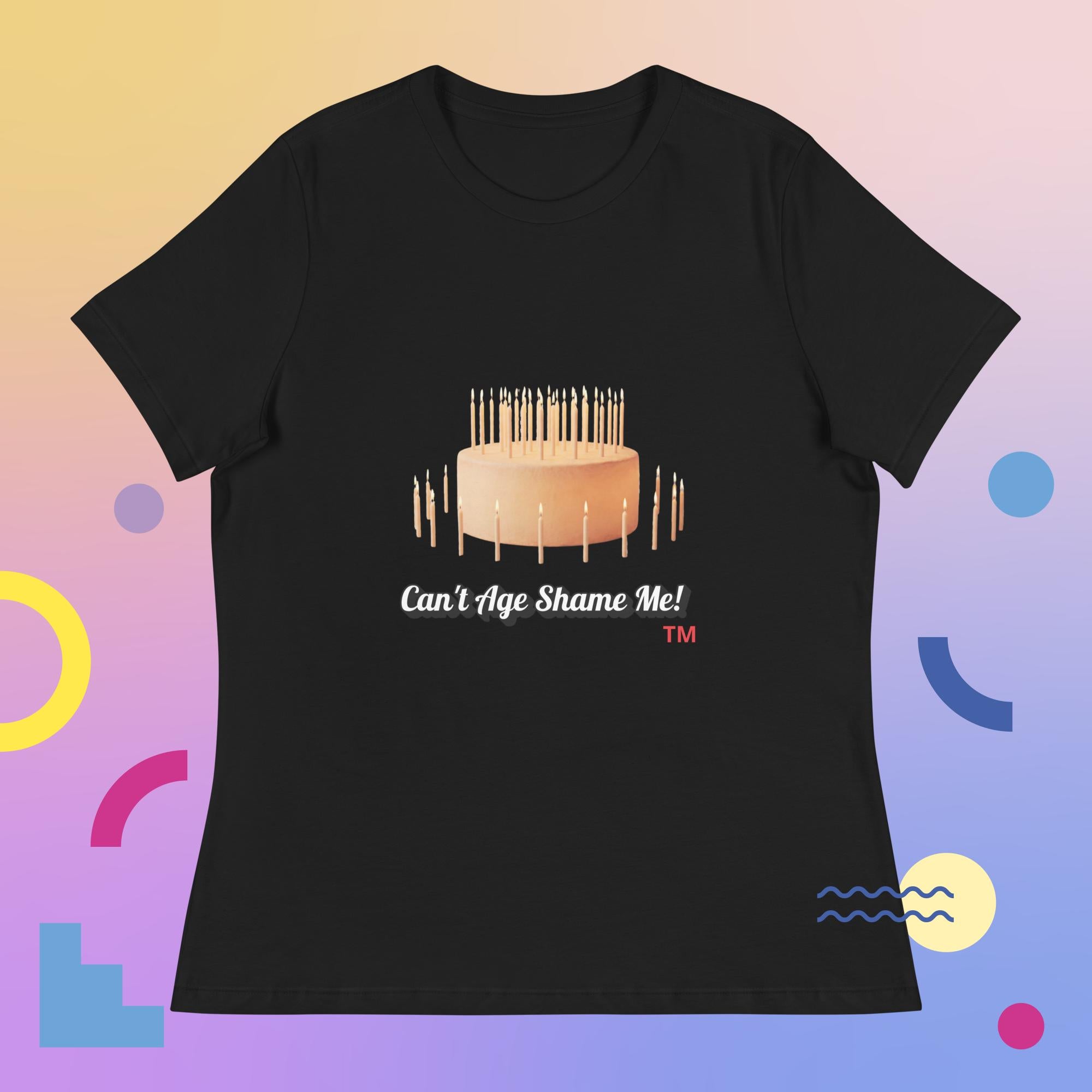 Black t-shirt with a birthday cake graphic and text 
