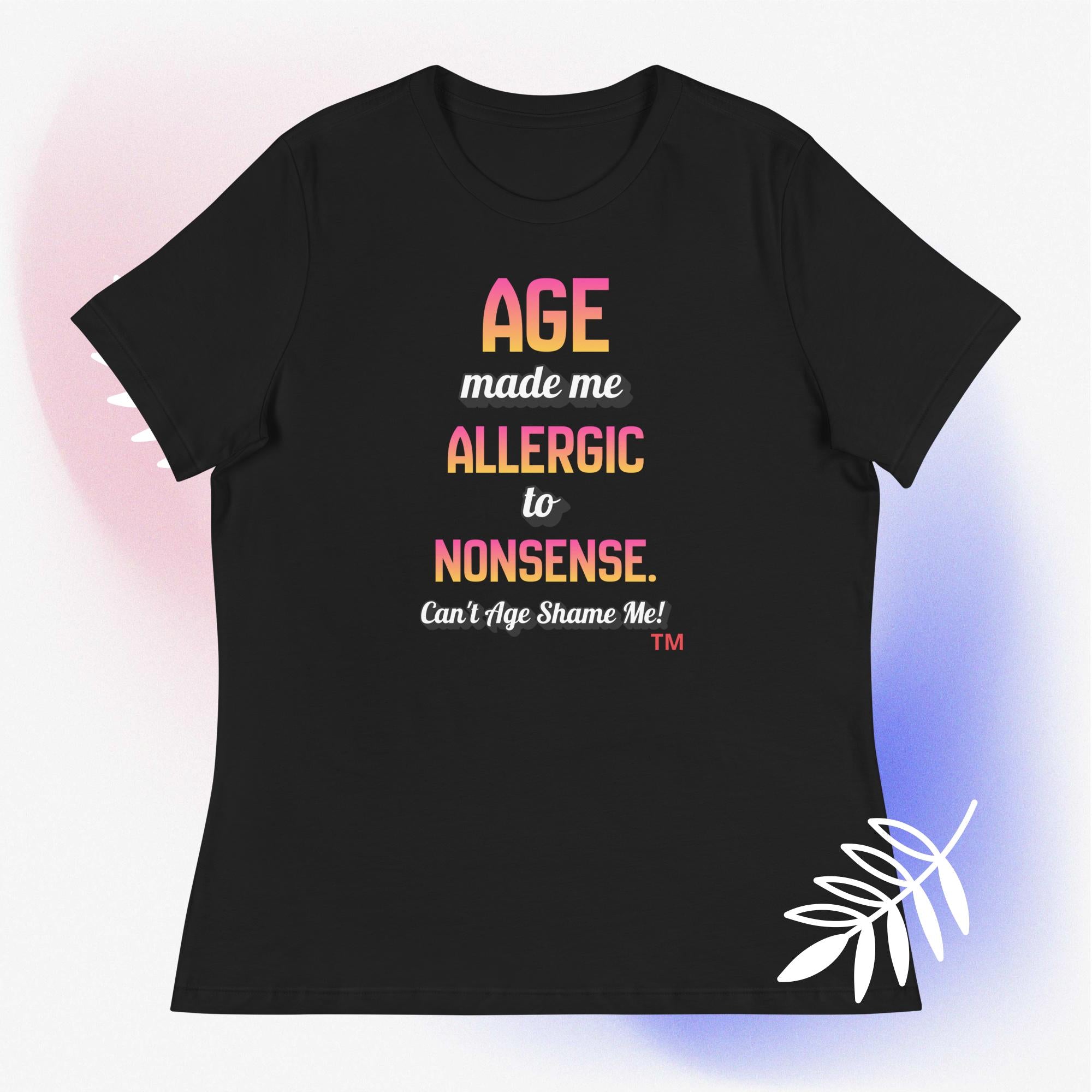 Black t-shirt with colorful text on a gradient background