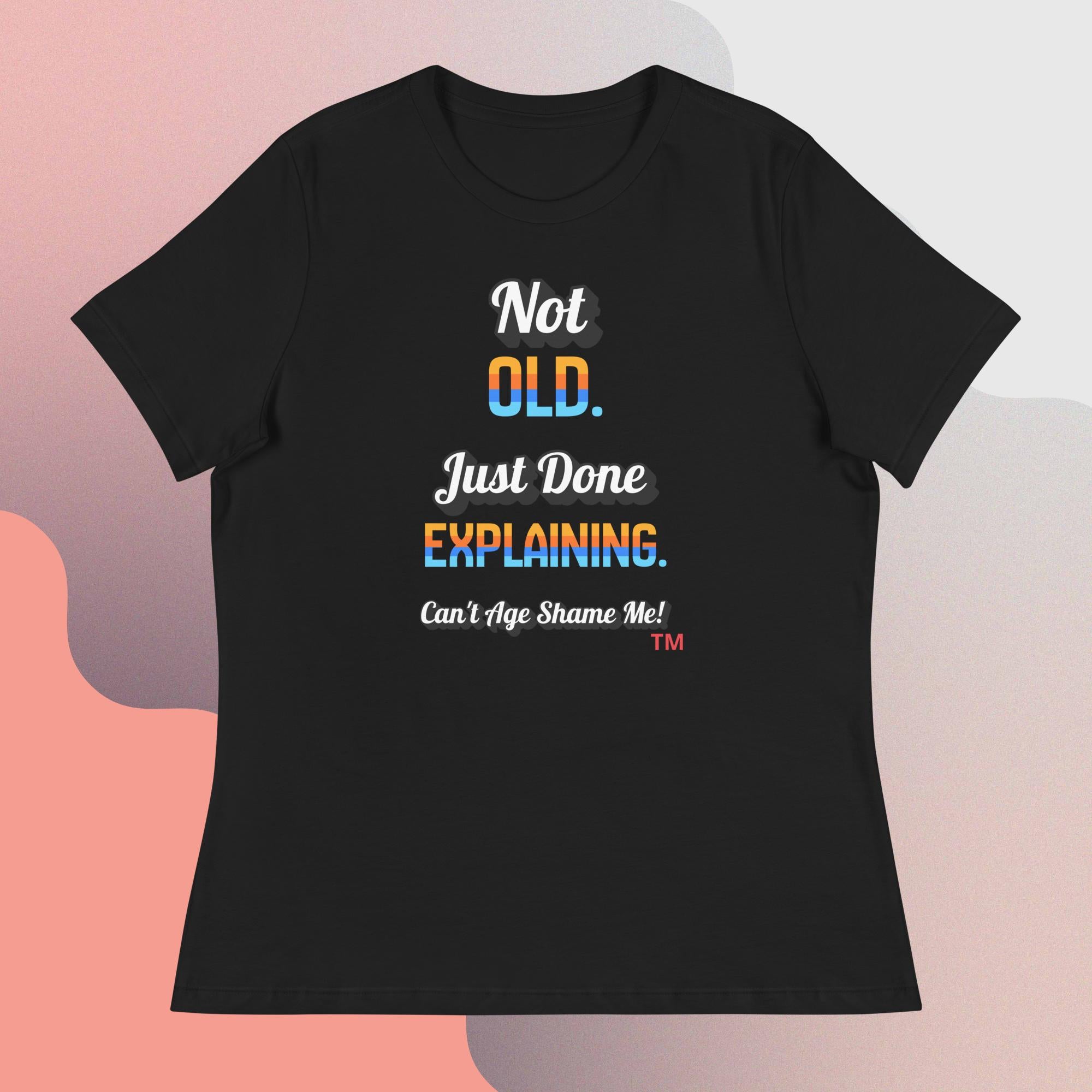 Black t-shirt with colorful text on a gradient background