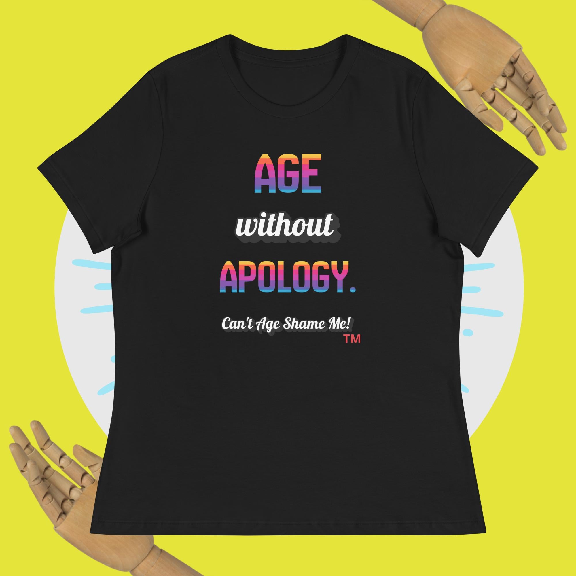 Black t-shirt with colorful text on a yellow background