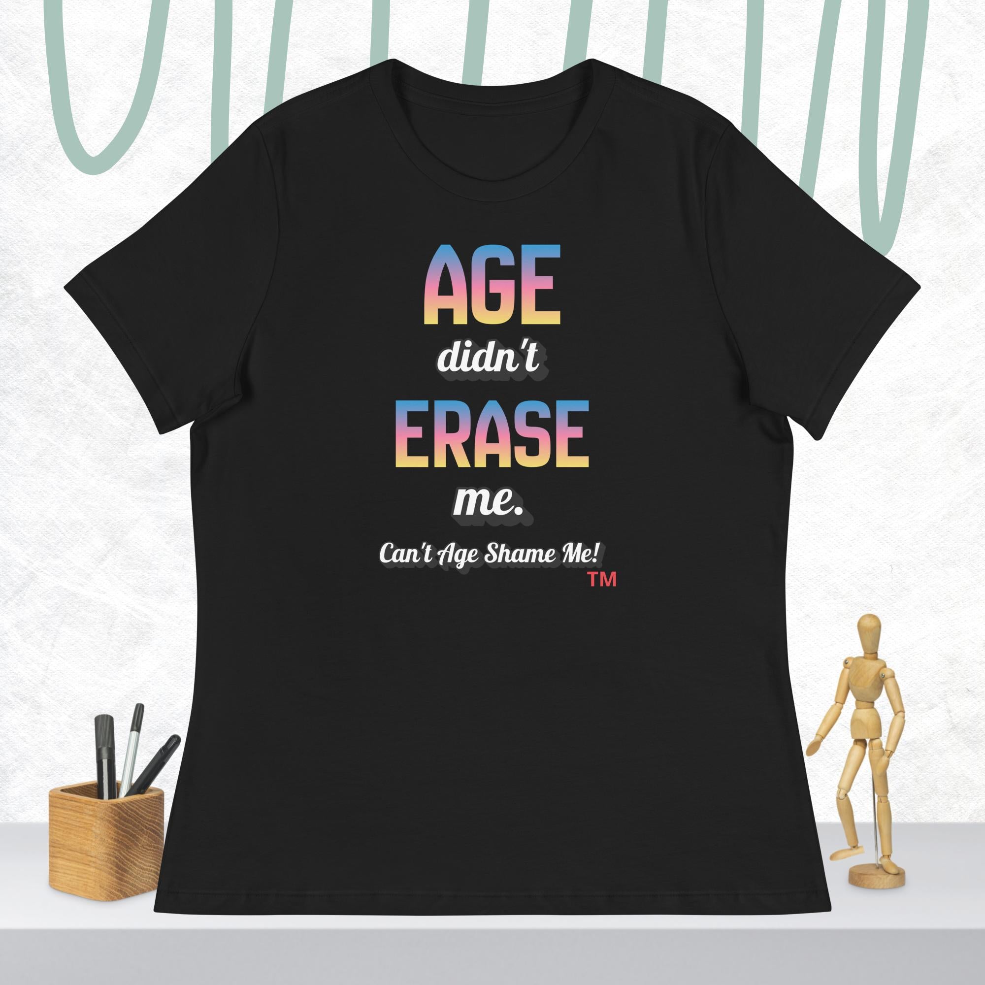 Black t-shirt with colorful text on a white background