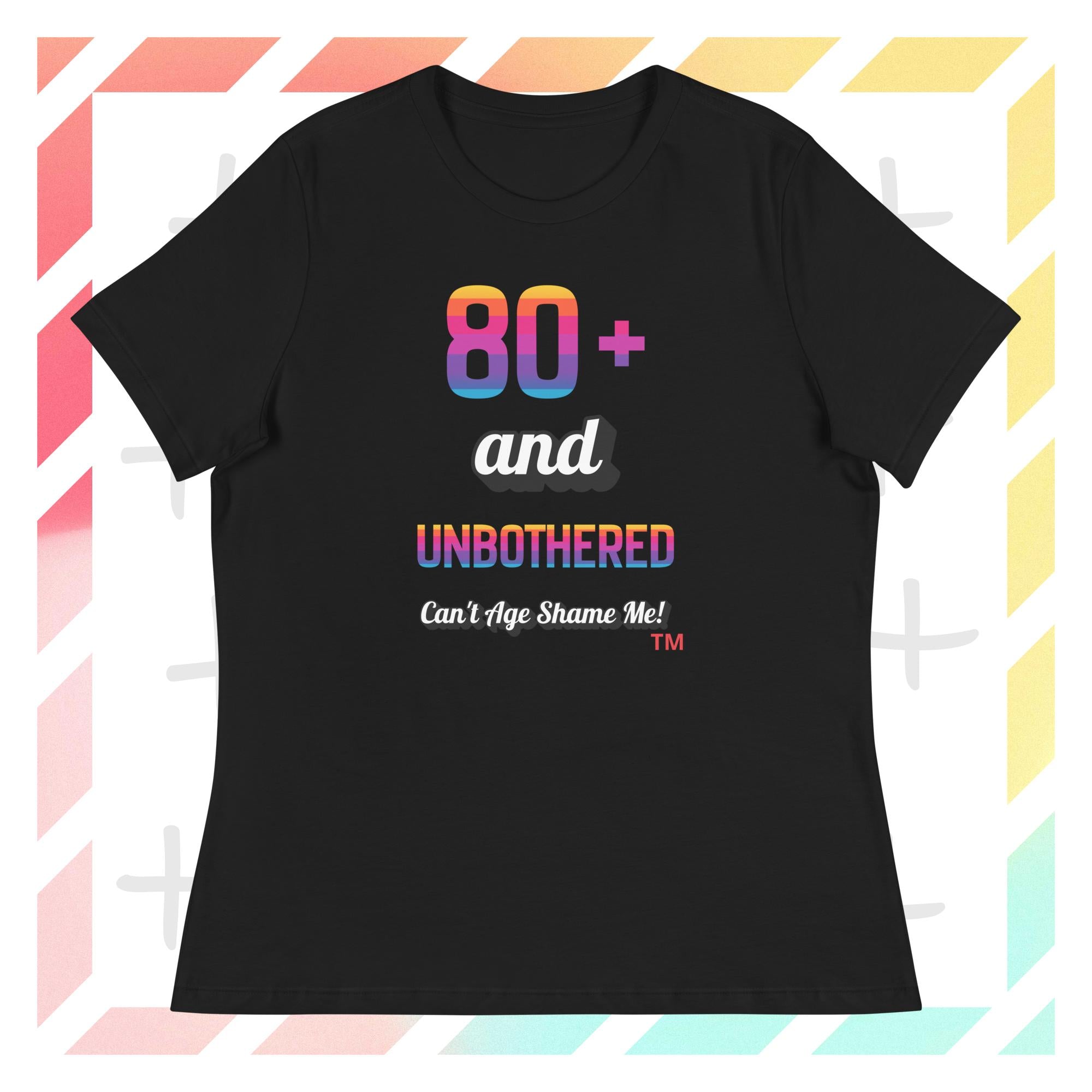Black t-shirt with colorful text design on a geometric patterned background