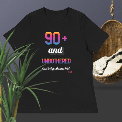 Black t-shirt with colorful text design on a dark background