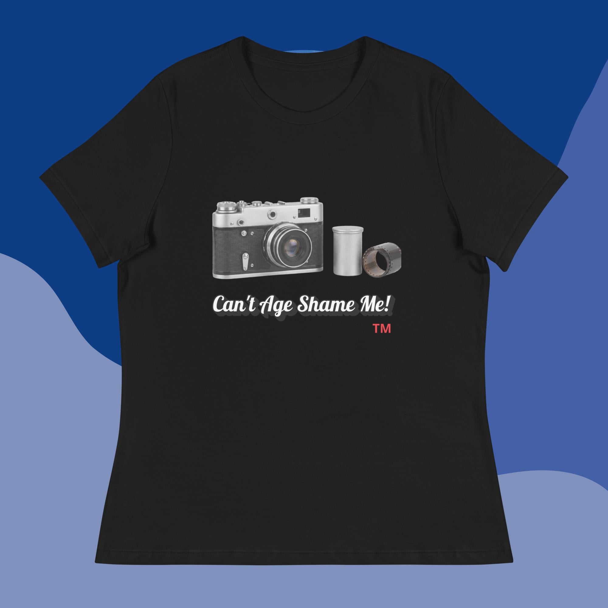 Black t-shirt with camera graphic and text 'Can't Age Shame Me!' on a blue background