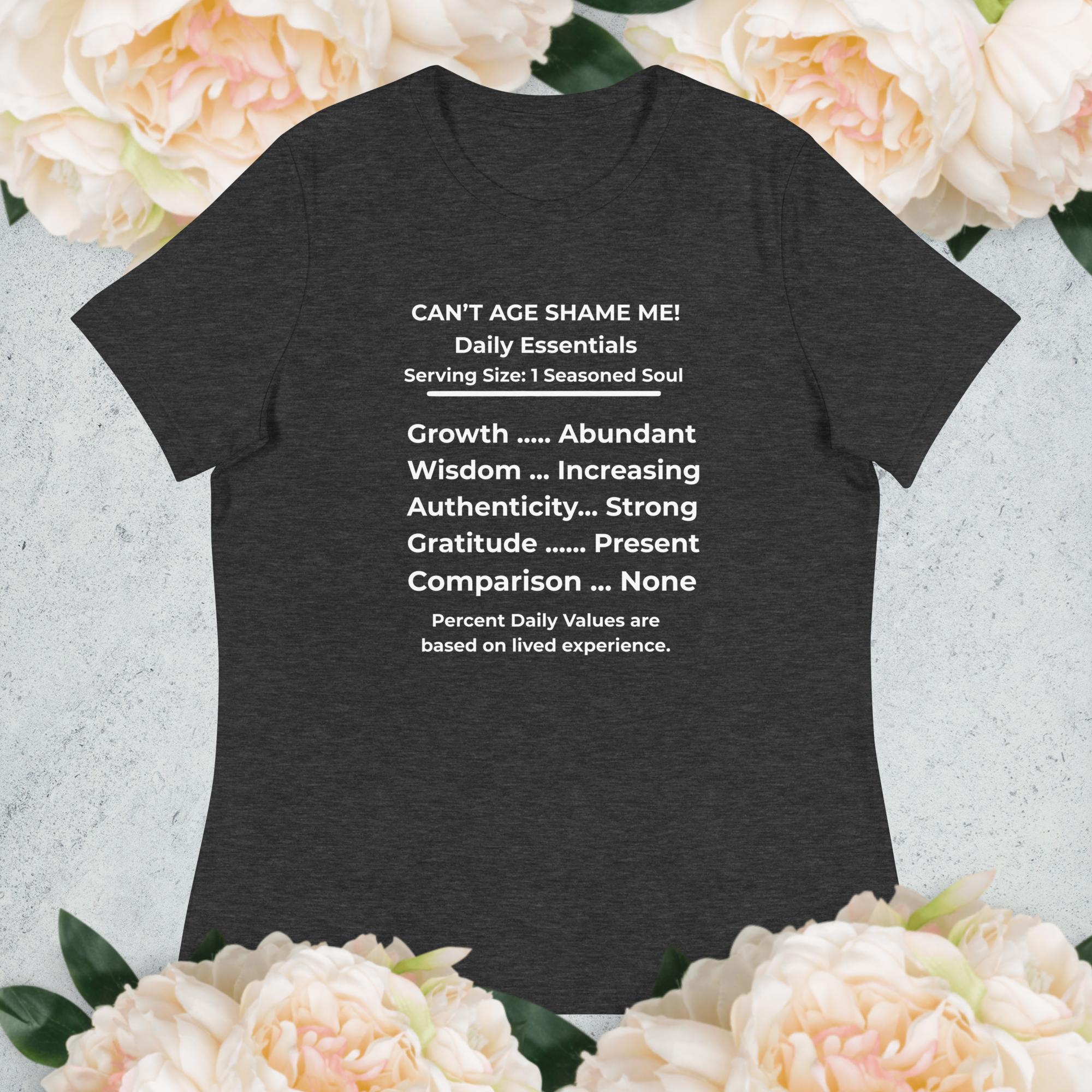 Dark Grey Nutrition Facts Women’s Relaxed T-Shirt: Zero Comparison (White Text)

