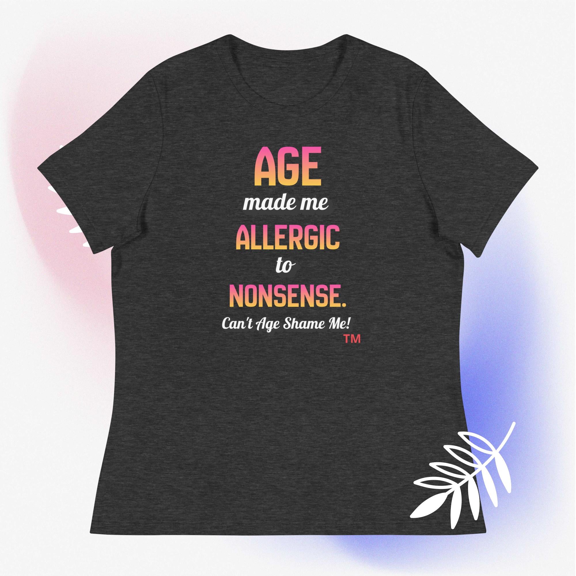 Dark gray t-shirt with colorful text on a gradient background