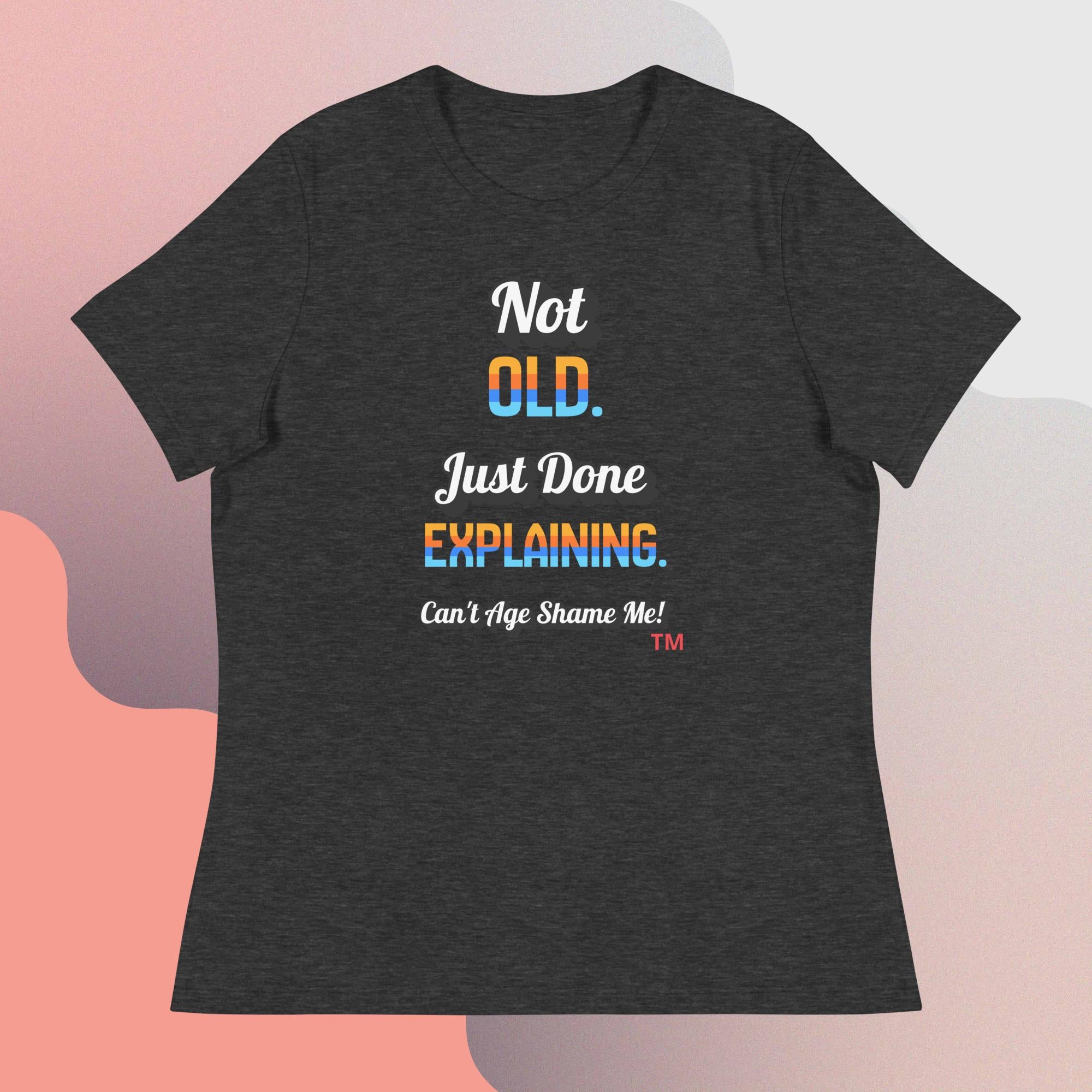 Dark gray t-shirt with colorful text on a gradient background
