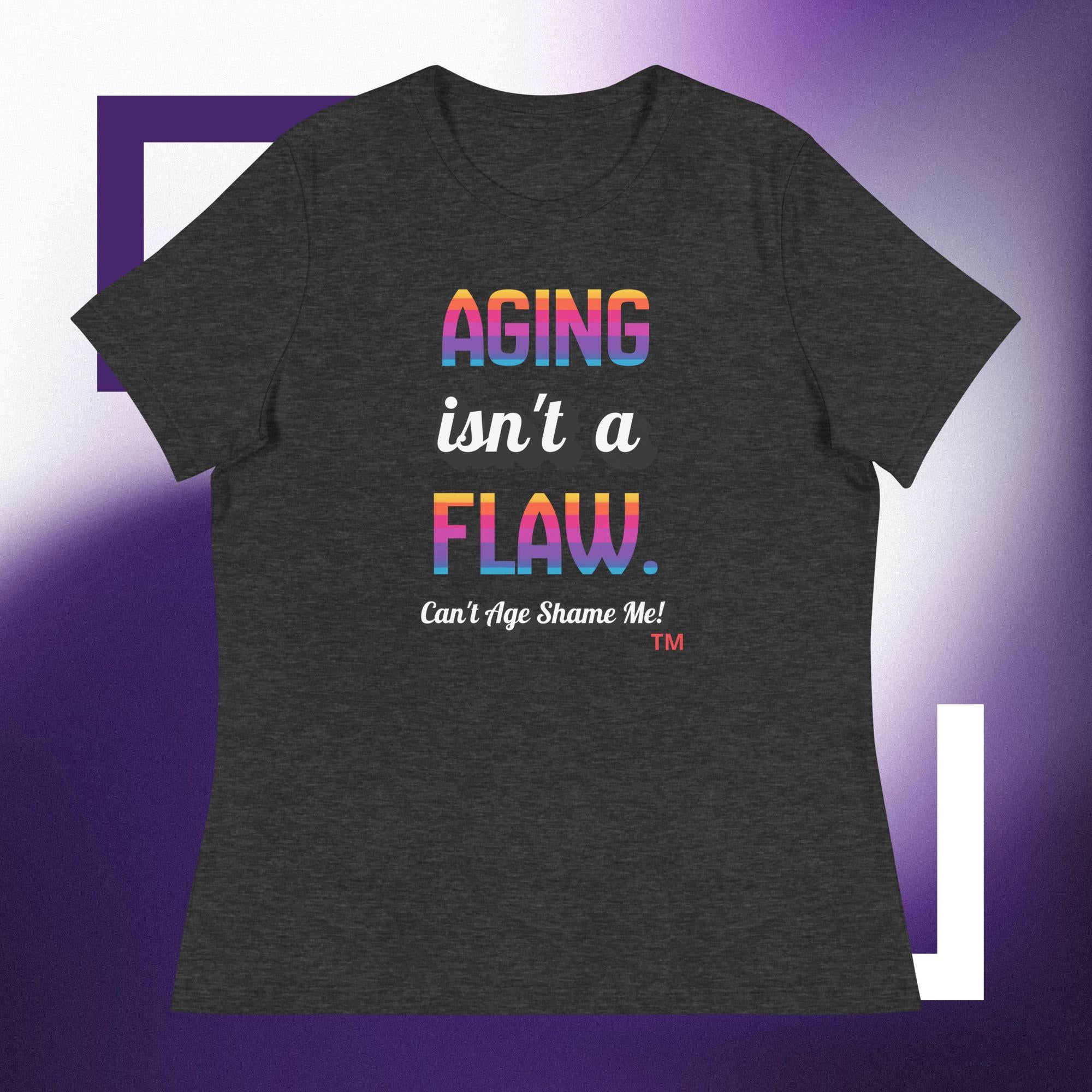 Dark gray t-shirt with colorful text on a purple background