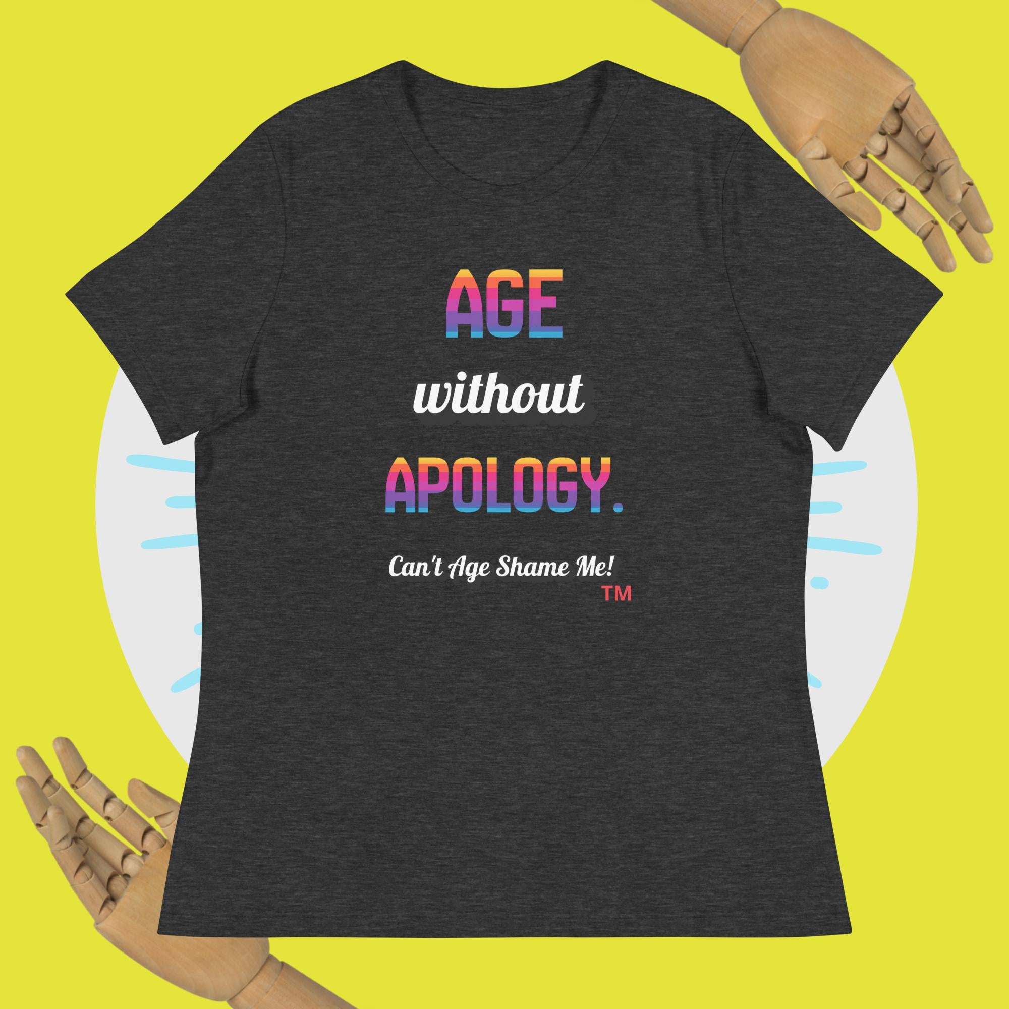 Gray t-shirt with colorful text on a yellow background