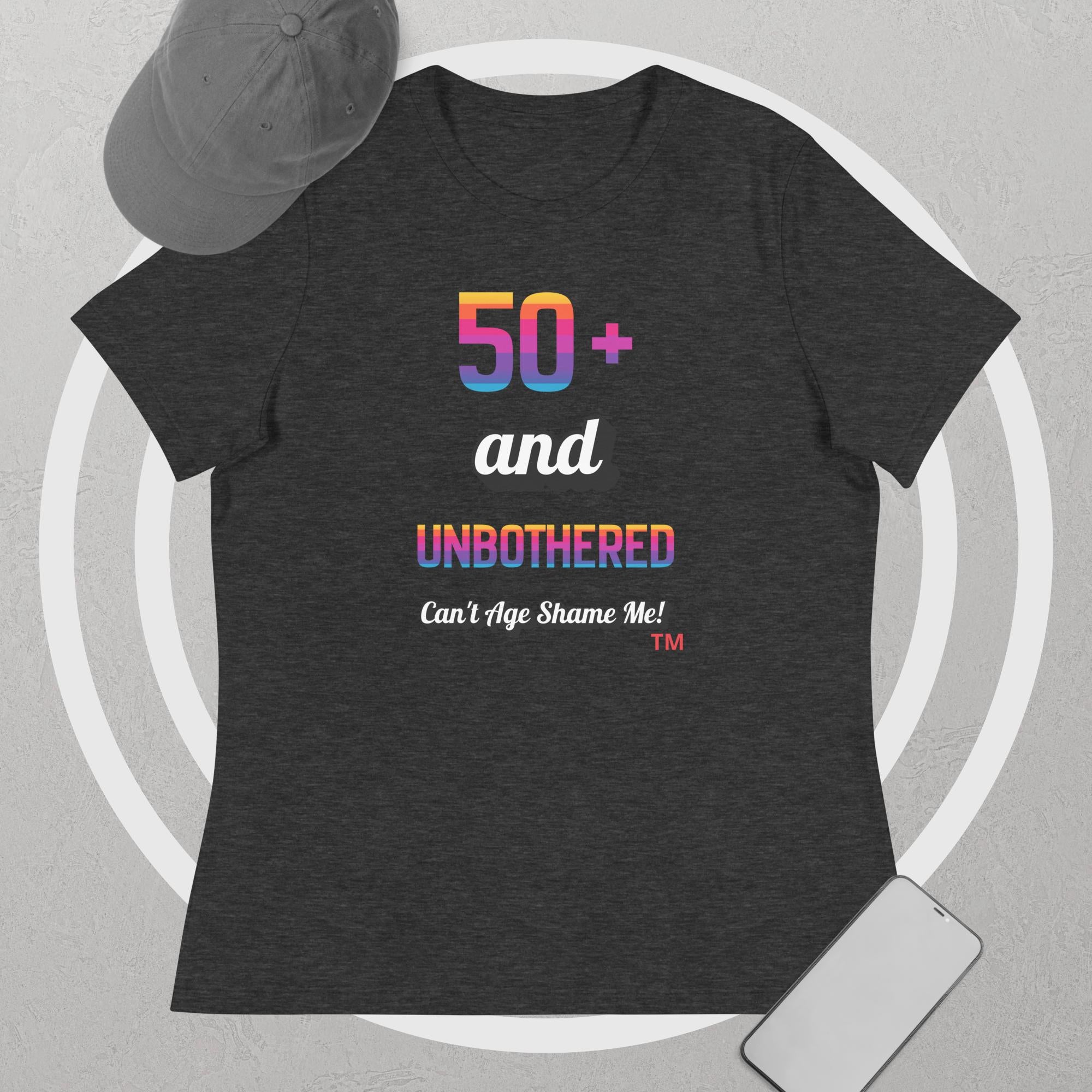 Dark gray t-shirt with colorful text design on a gray background