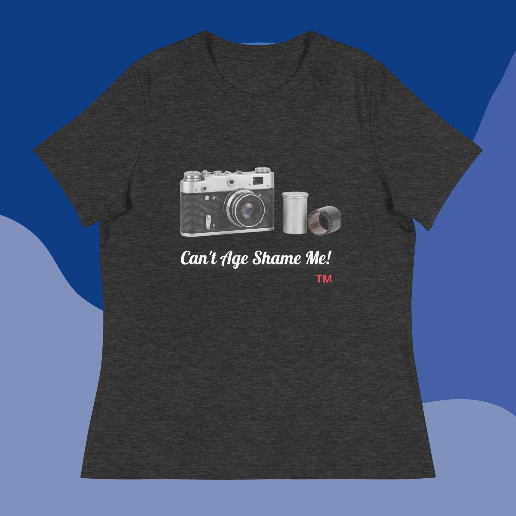 Dark gray t-shirt with a camera graphic and text 'Can't Age Shame Me!' on a blue background