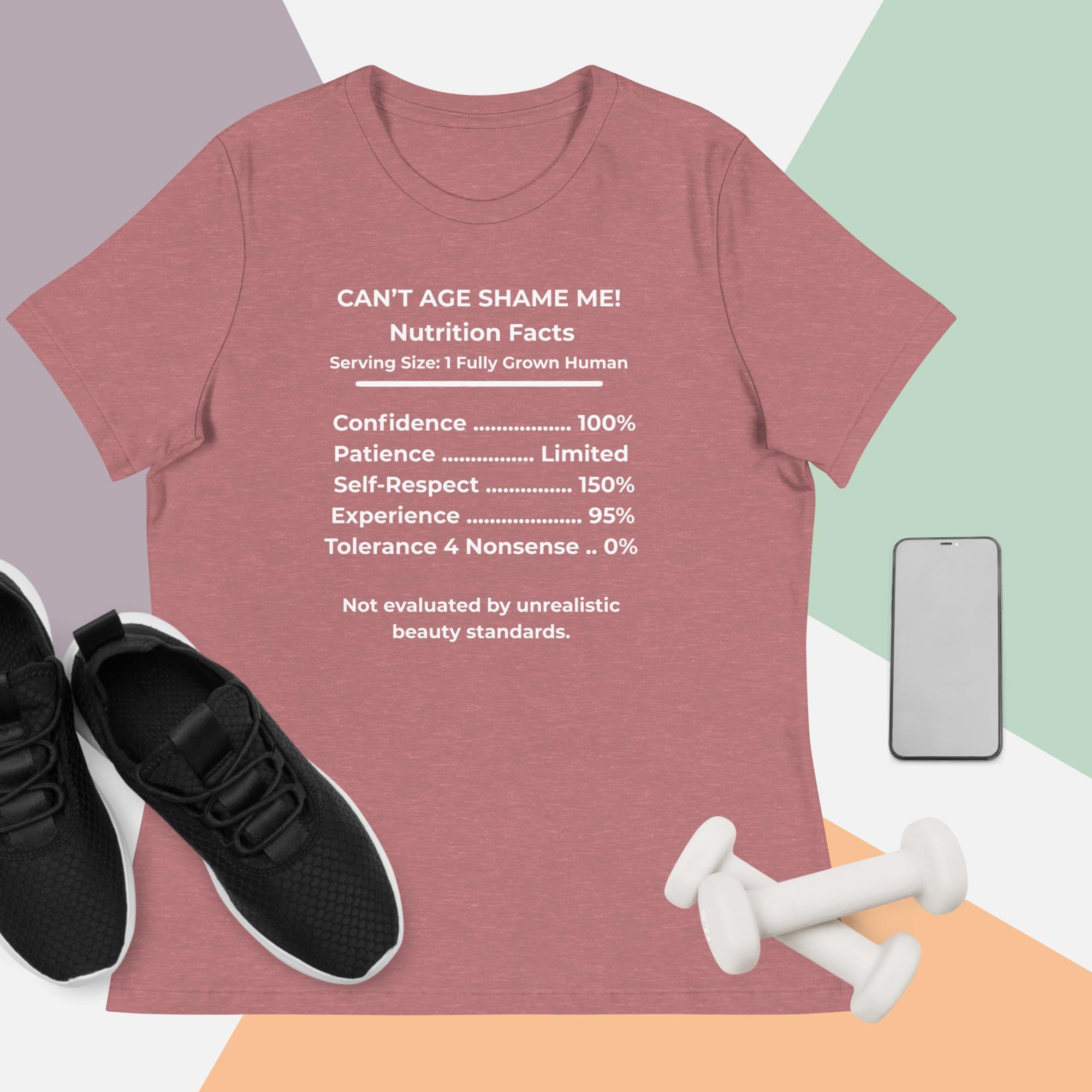 Heather Mauve Nutrition Facts Women’s Relaxed T-Shirt: Zero Nonsense (White Text)

