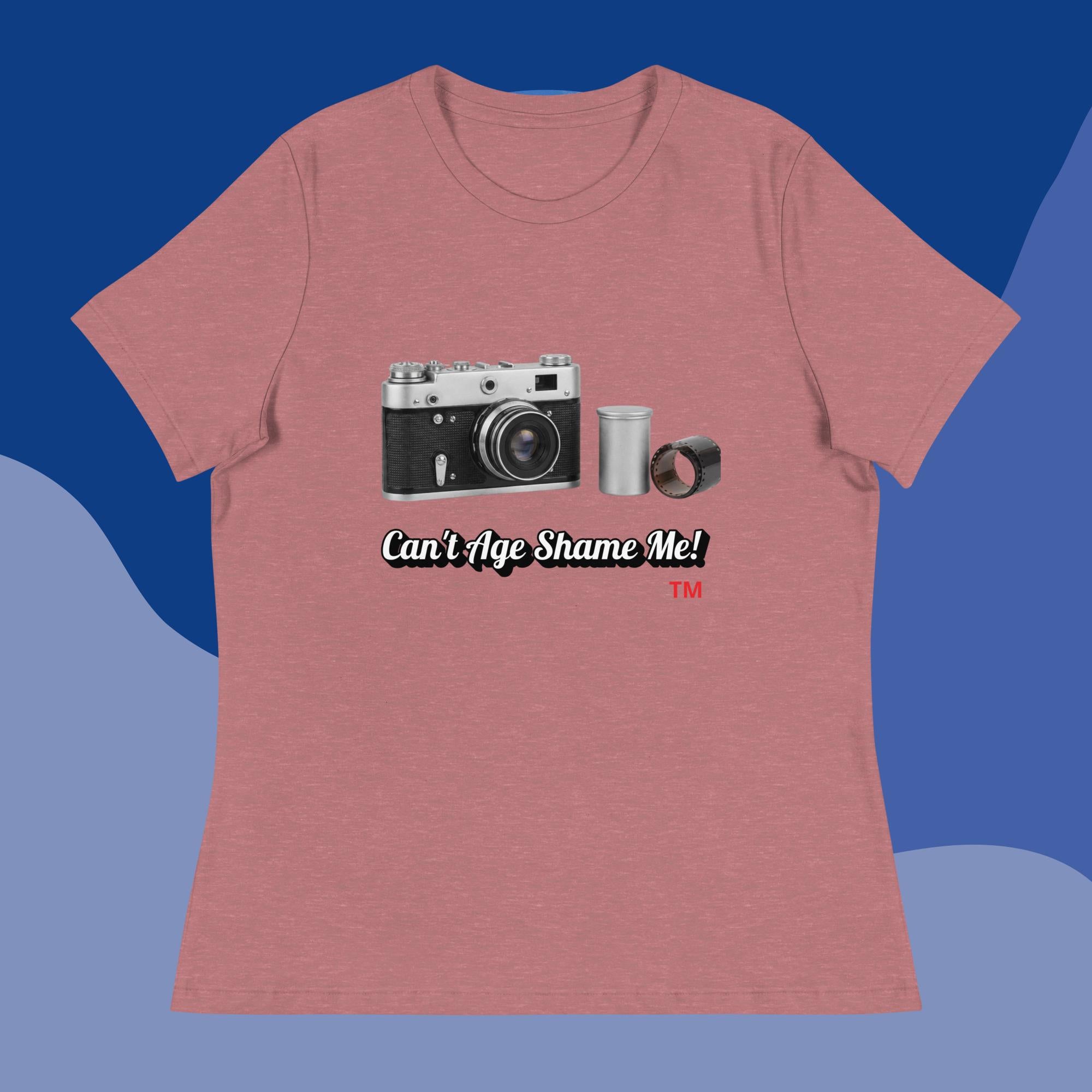 heather mauve  t-shirt with a camera graphic and text 'Can't Age Shame Me!' on a blue background