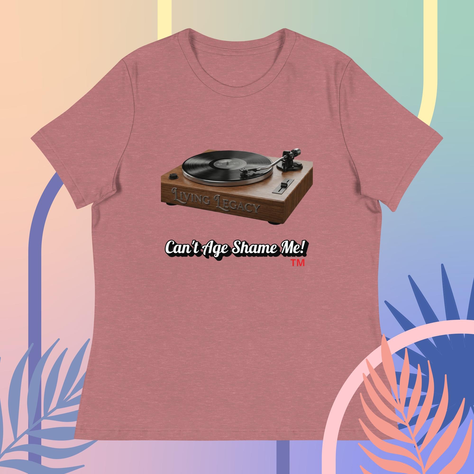 heather mauve t-shirt with a graphic of a turntable and text 'Can't Age Shame Me!' on a colorful abstract background.