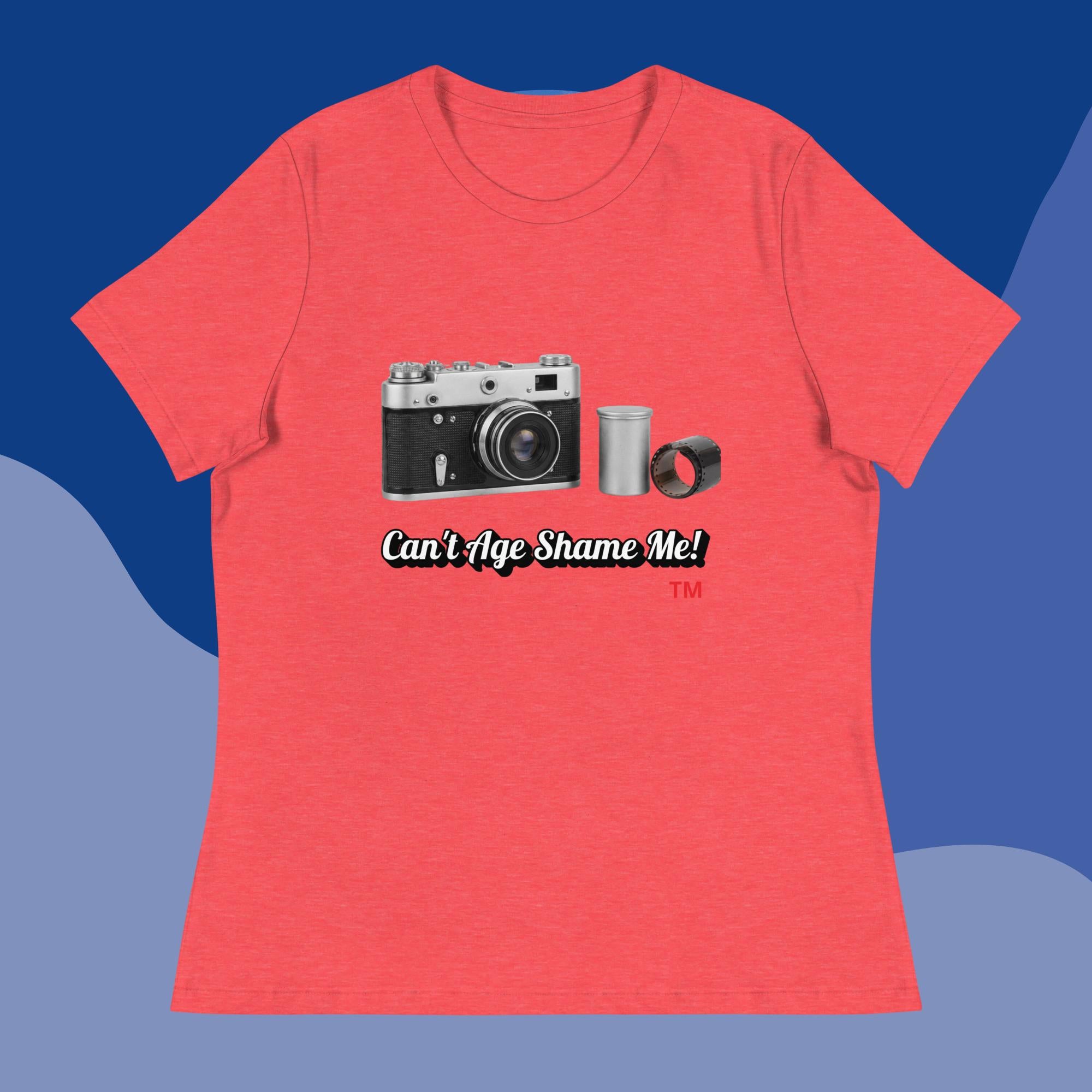 Red t-shirt with camera graphic and text 'Can't Age Shame Me!' on a blue background