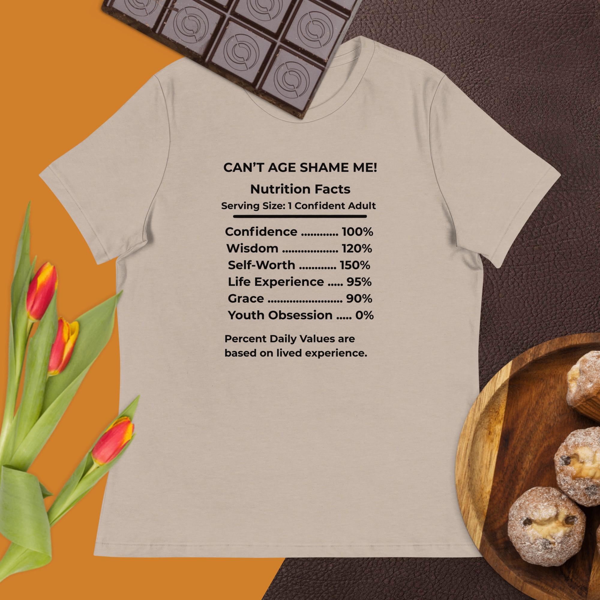 Heather Stone Nutrition Facts Women’s Relaxed T-Shirt: Youth Not Required (Black Text)