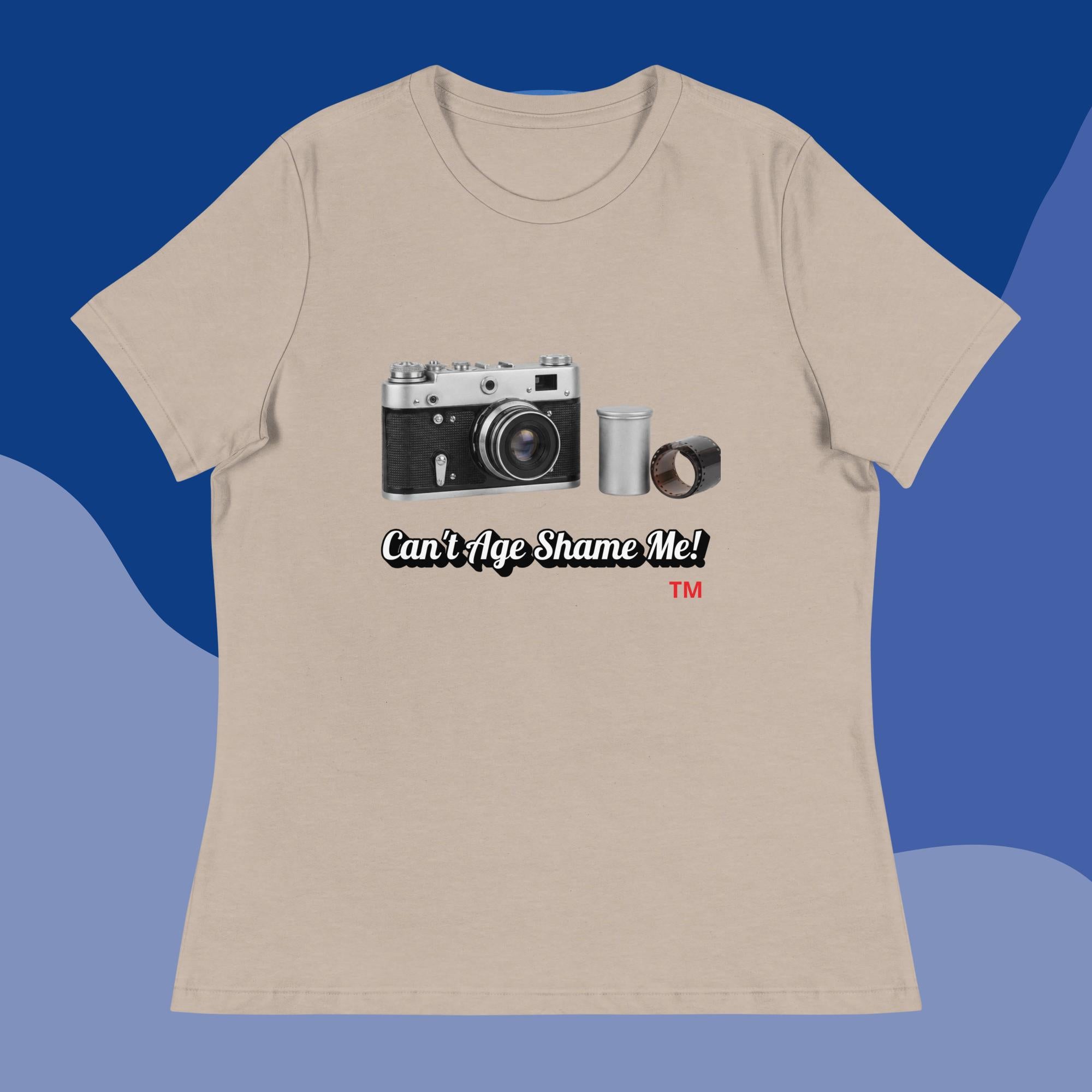 heather stone t-shirt with camera graphic and text 'Can't Age Shame Me!' on a blue background
