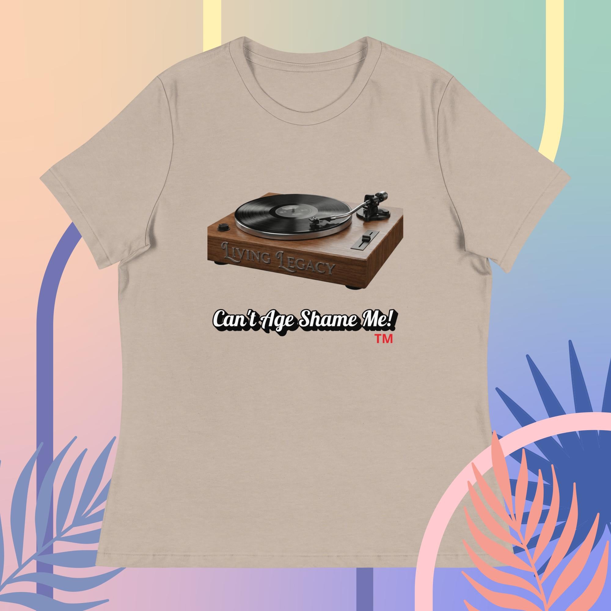 heather stone t-shirt with a graphic of a turntable and text 'Can't Age Shame Me!' on a colorful abstract background.