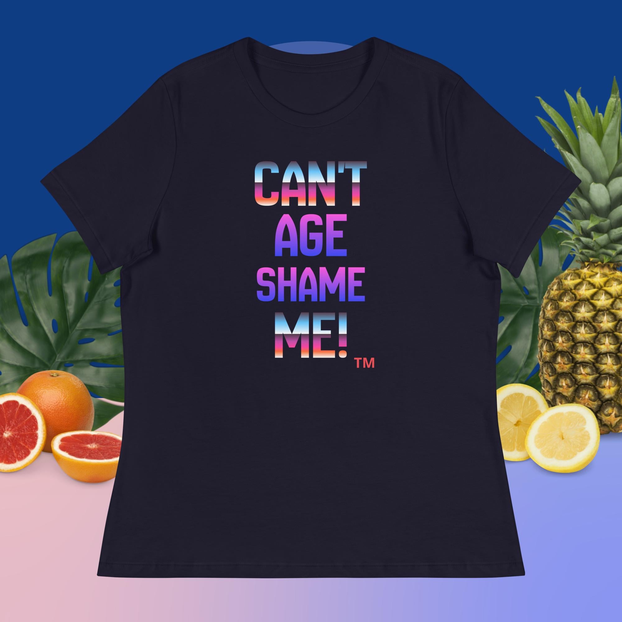 Black t-shirt with colorful text 'CAN'T AGE SHAME ME!' on a blue background with fruits.