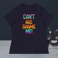 Navy t-shirt with colorful text 'CAN'T AGE SHAME ME!' on a dark background