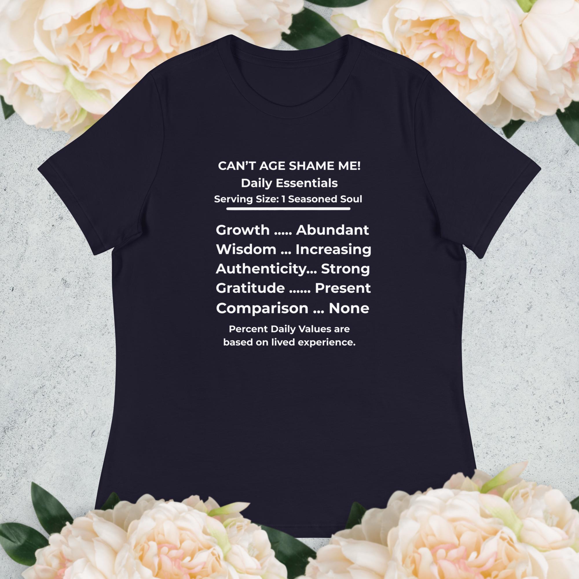 Navy Nutrition Facts Women’s Relaxed T-Shirt: Zero Comparison (White Text)

