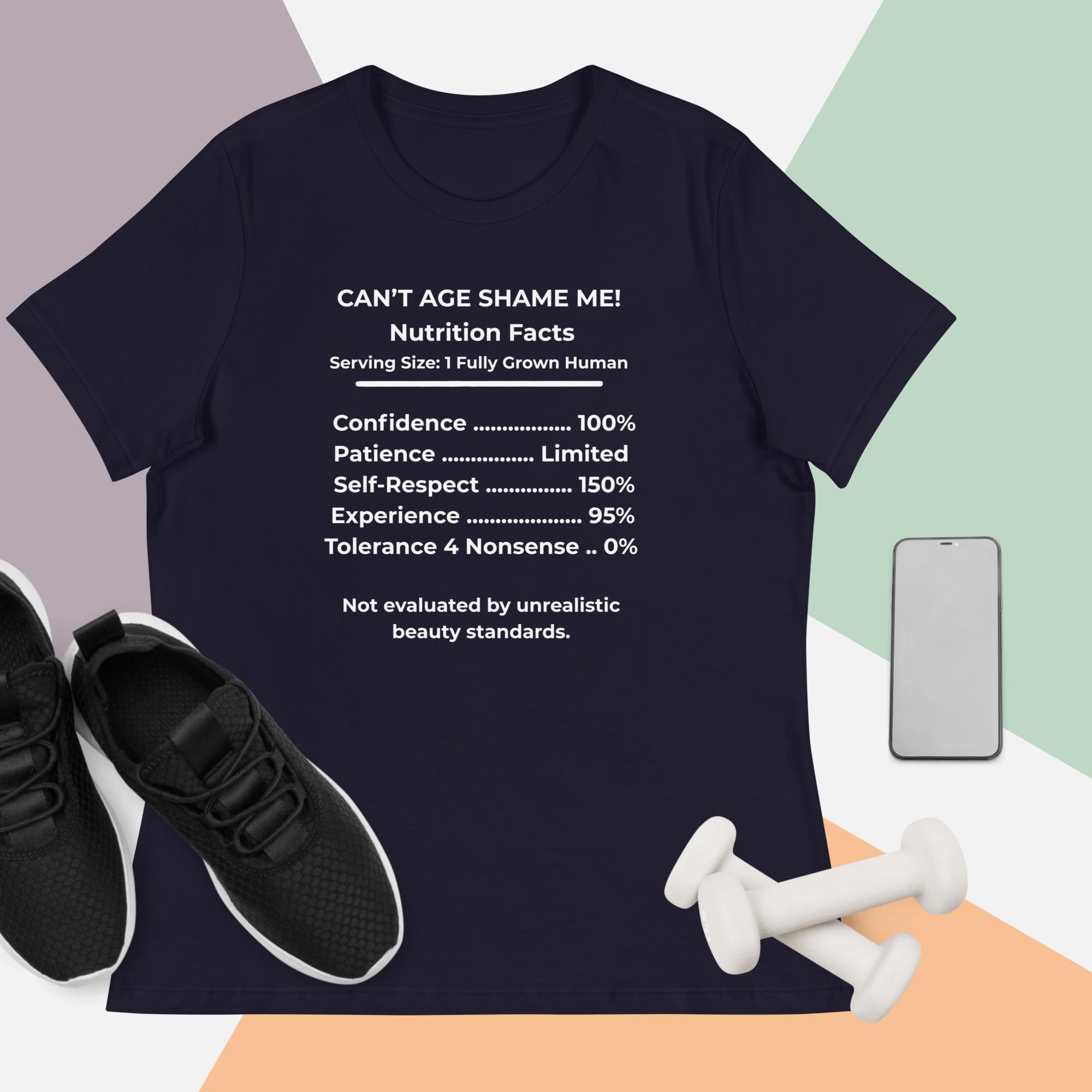 Navy Nutrition Facts Women’s Relaxed T-Shirt: Zero Nonsense (White Text)

