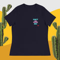 Navy t-shirt with colorful text “'Can't Age Shame Me” on a yellow background design with cactus

