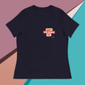 Navy t-shirt with 'Can't Age Shame Me!' text on a colorful background