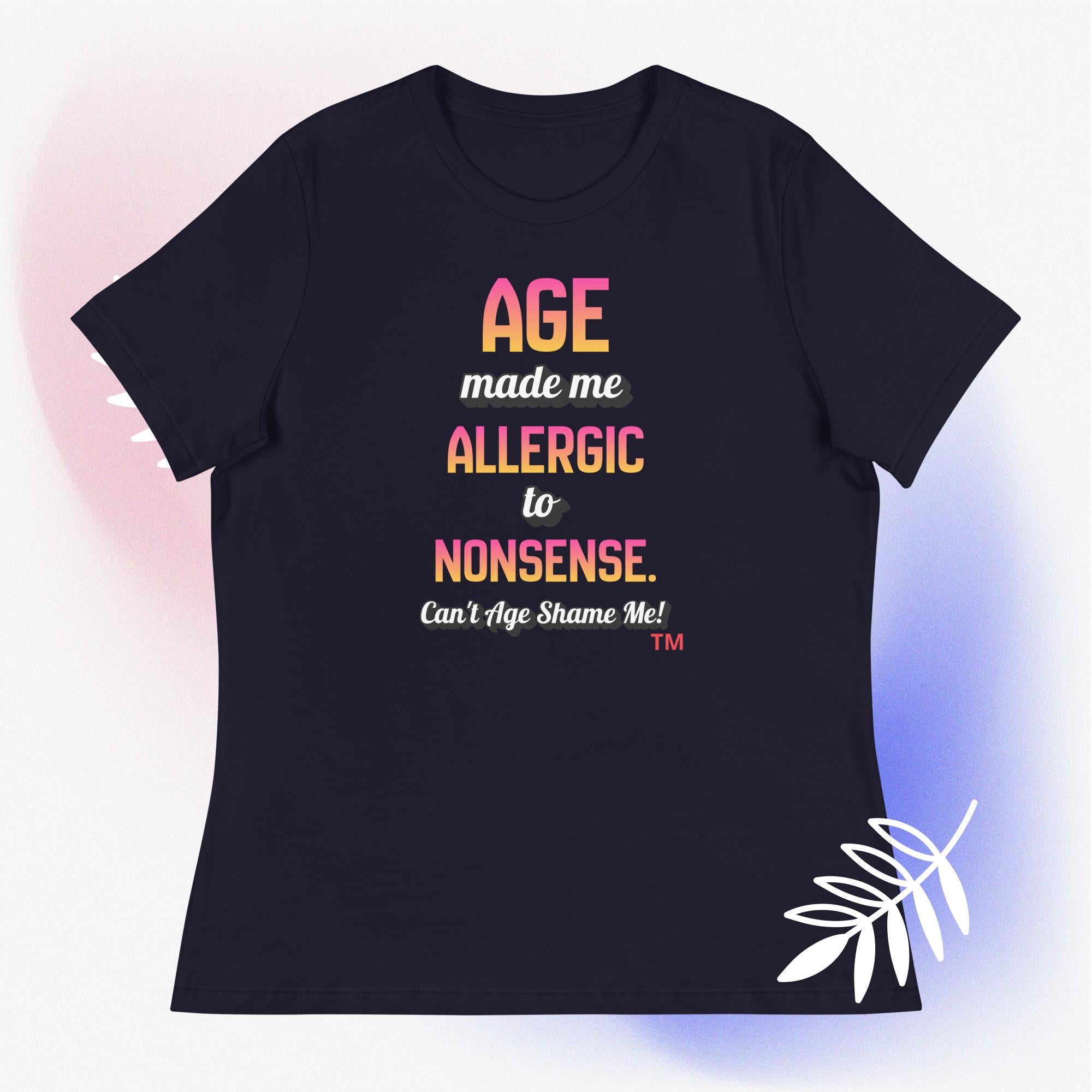 Navy t-shirt with colorful text on a gradient background