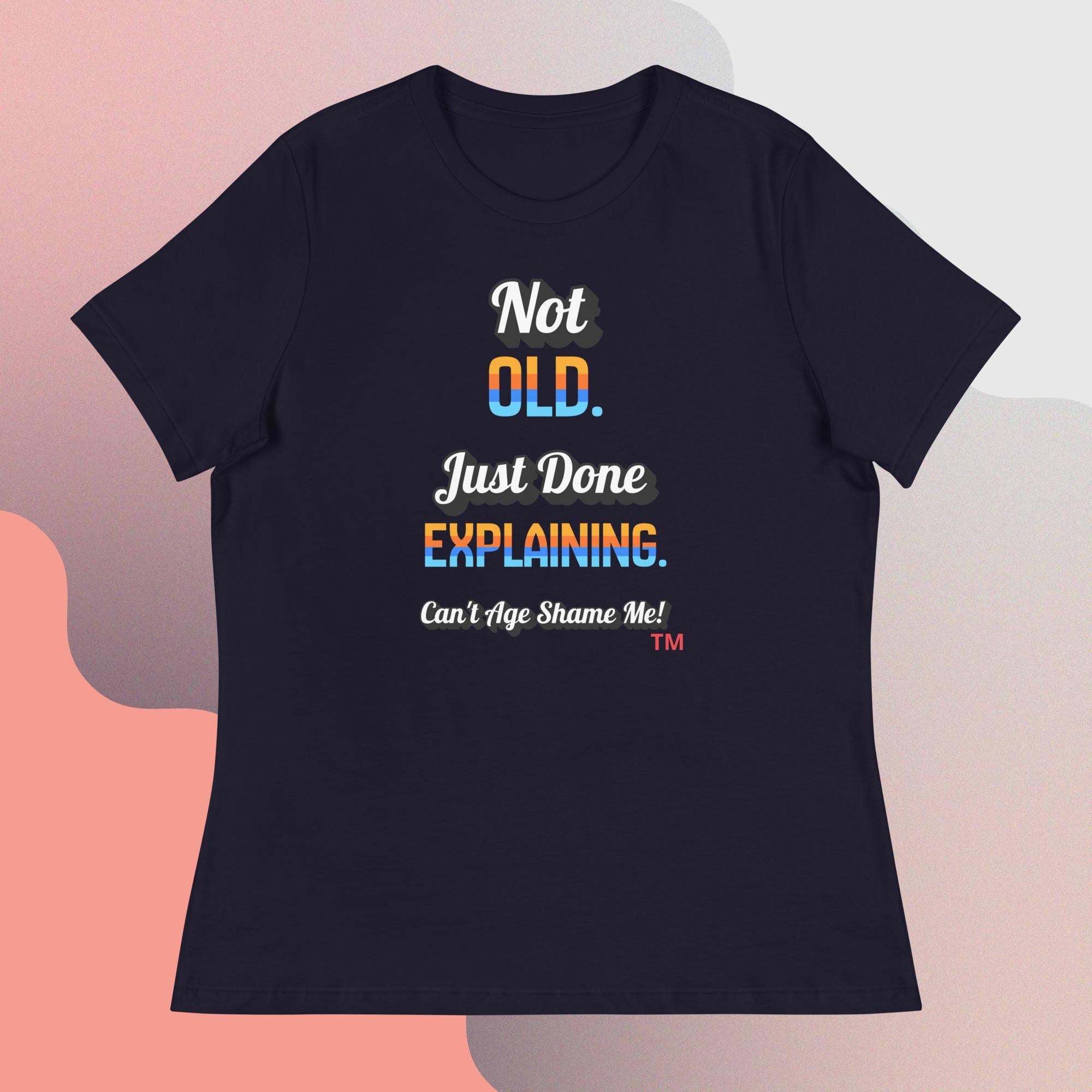 Navy  t-shirt with colorful text on a gradient background