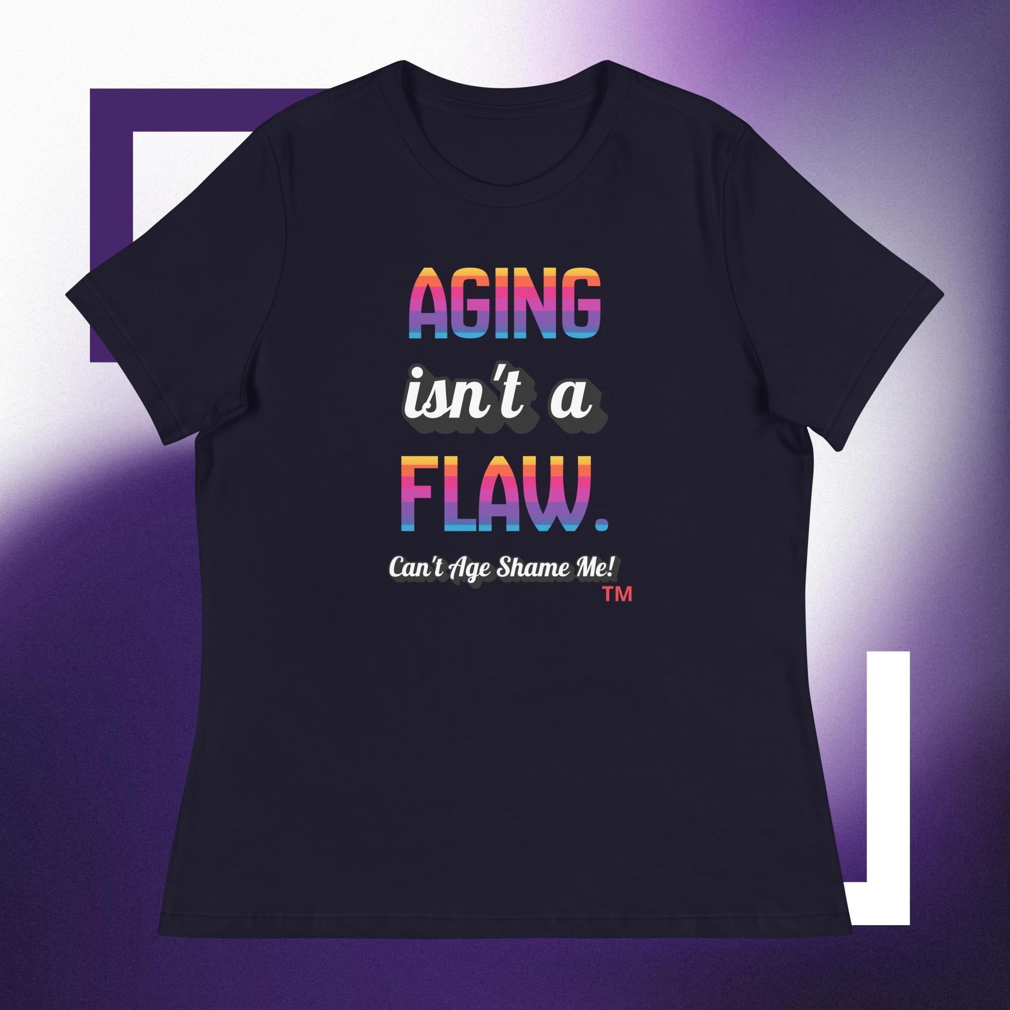 Navy  t-shirt with colorful text on a purple background