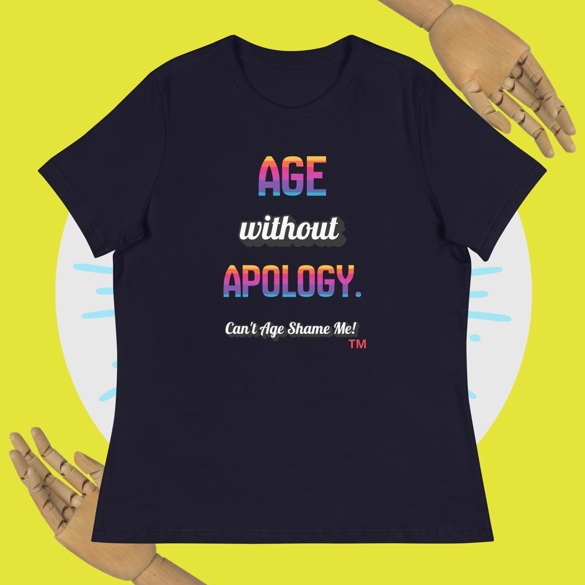 Navy t-shirt with colorful text on a yellow background