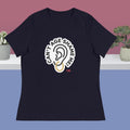 Navy t-shirt with 'Can't Age Shame Me' graphic on a blue and pink gradient background