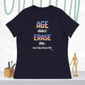 Black t-shirt with colorful text on a white background