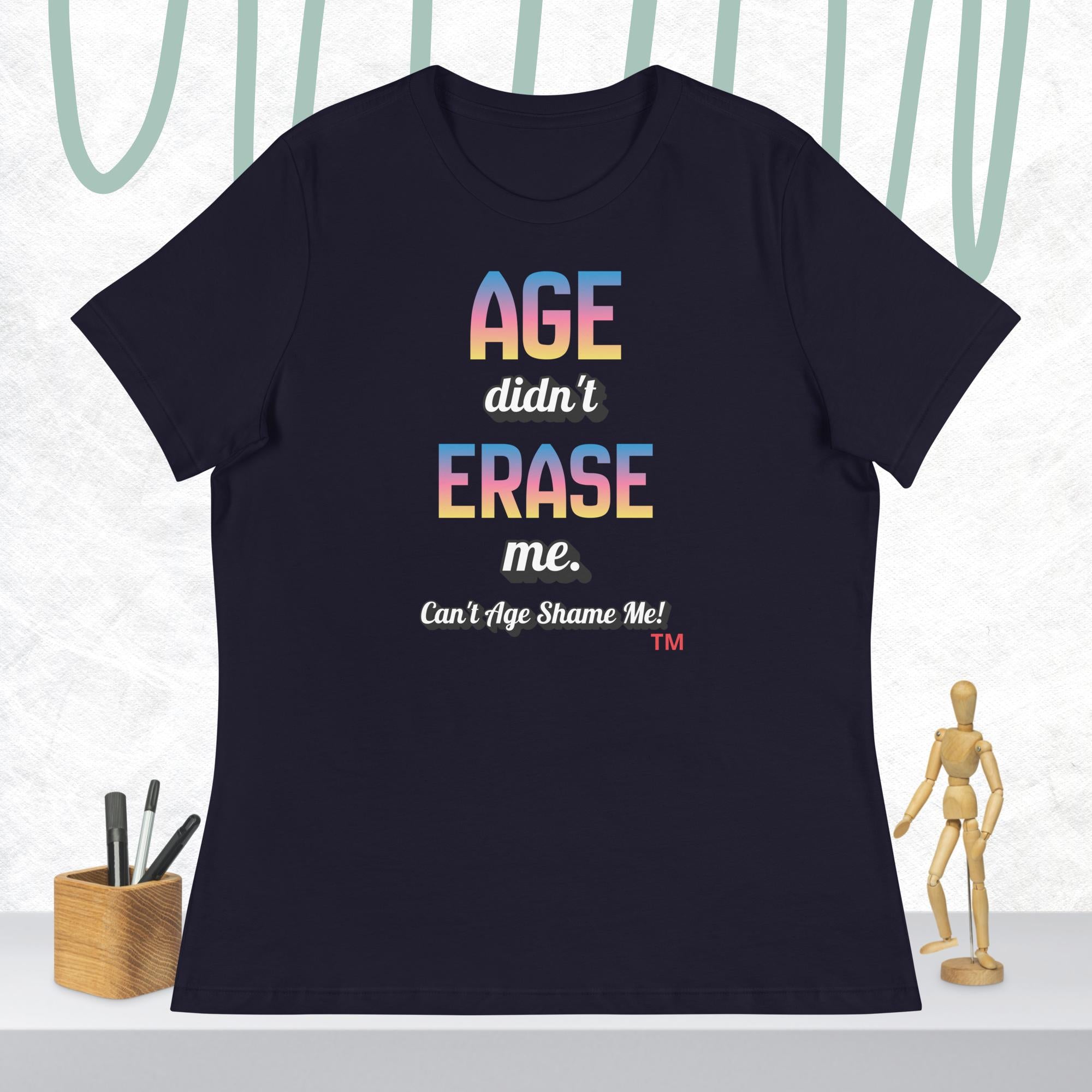 Black t-shirt with colorful text on a white background